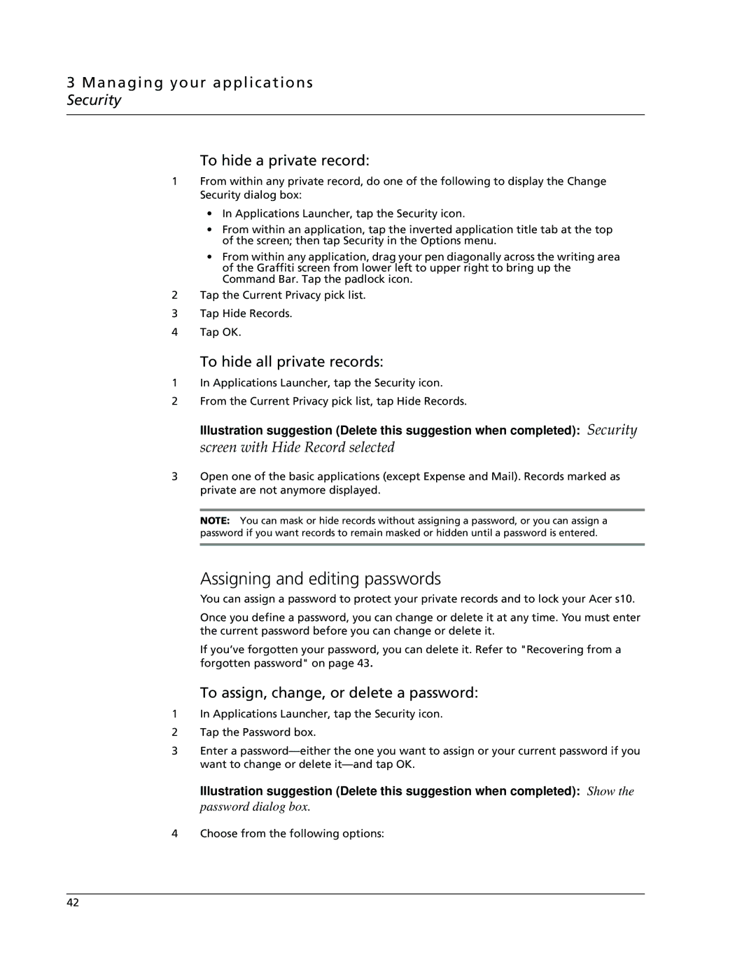 Acer s10 manual Assigning and editing passwords, To hide all private records, To assign, change, or delete a password 
