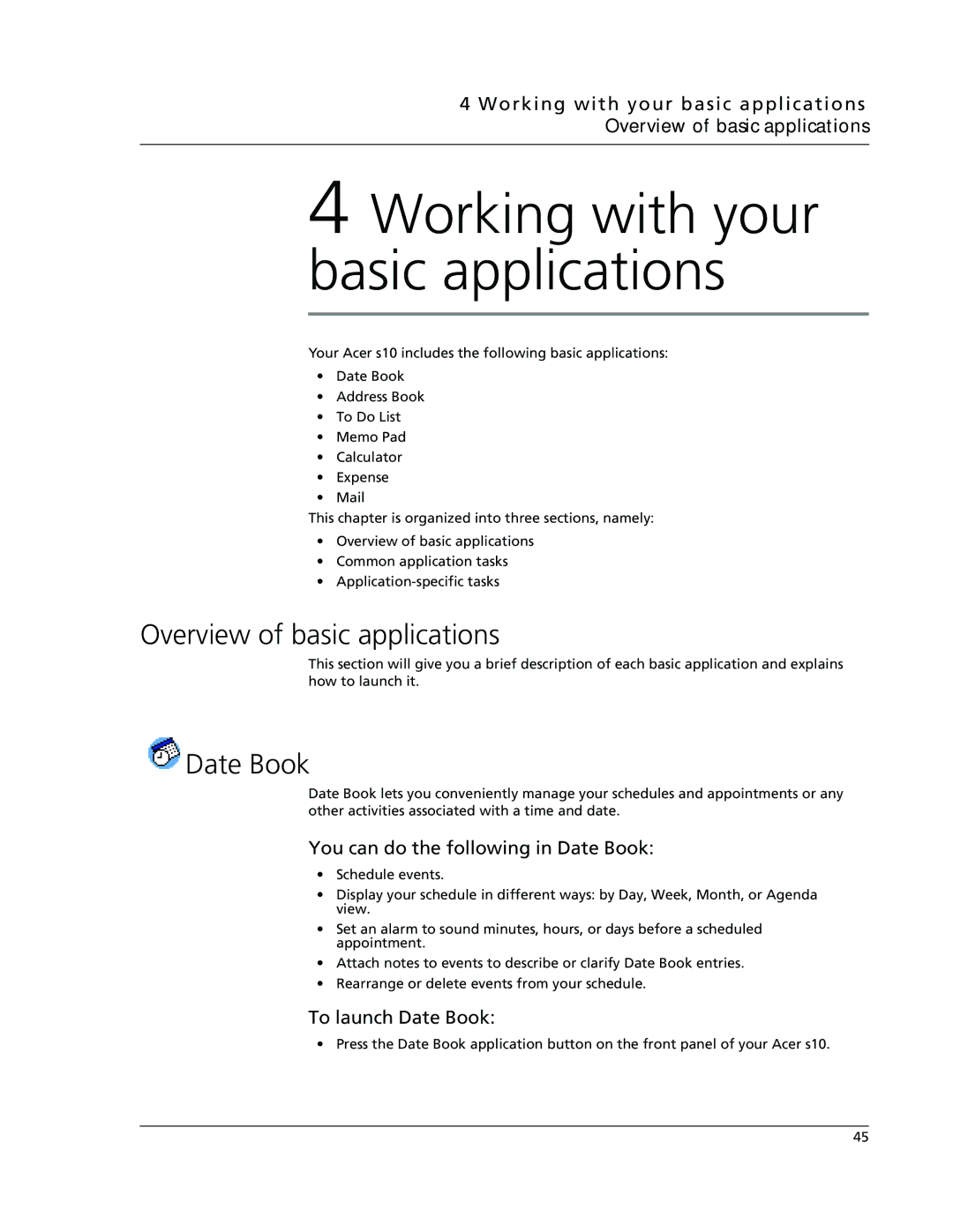 Acer s10 manual Overview of basic applications, You can do the following in Date Book, To launch Date Book 