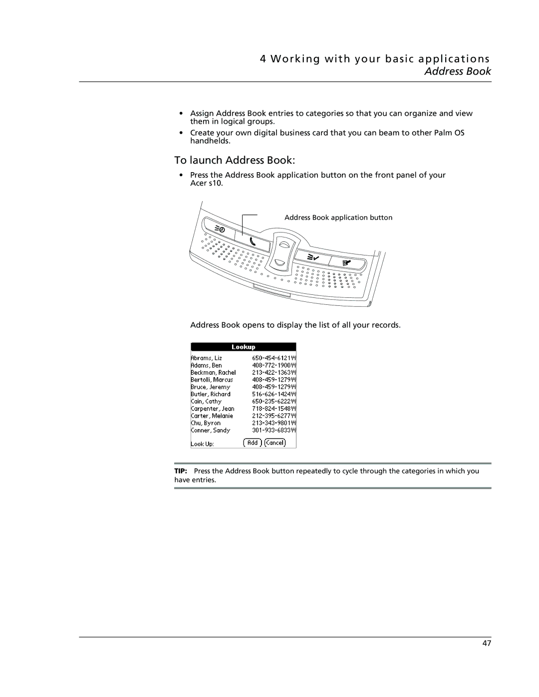 Acer s10 manual To launch Address Book, Address Book opens to display the list of all your records 