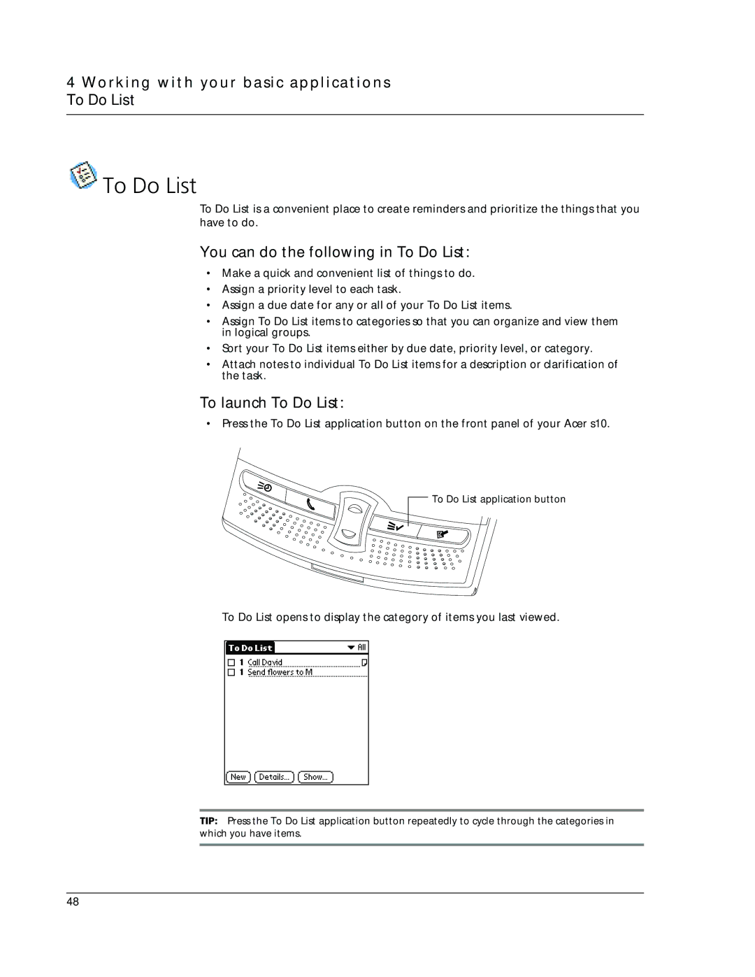 Acer s10 Working with your basic applications To Do List, You can do the following in To Do List, To launch To Do List 