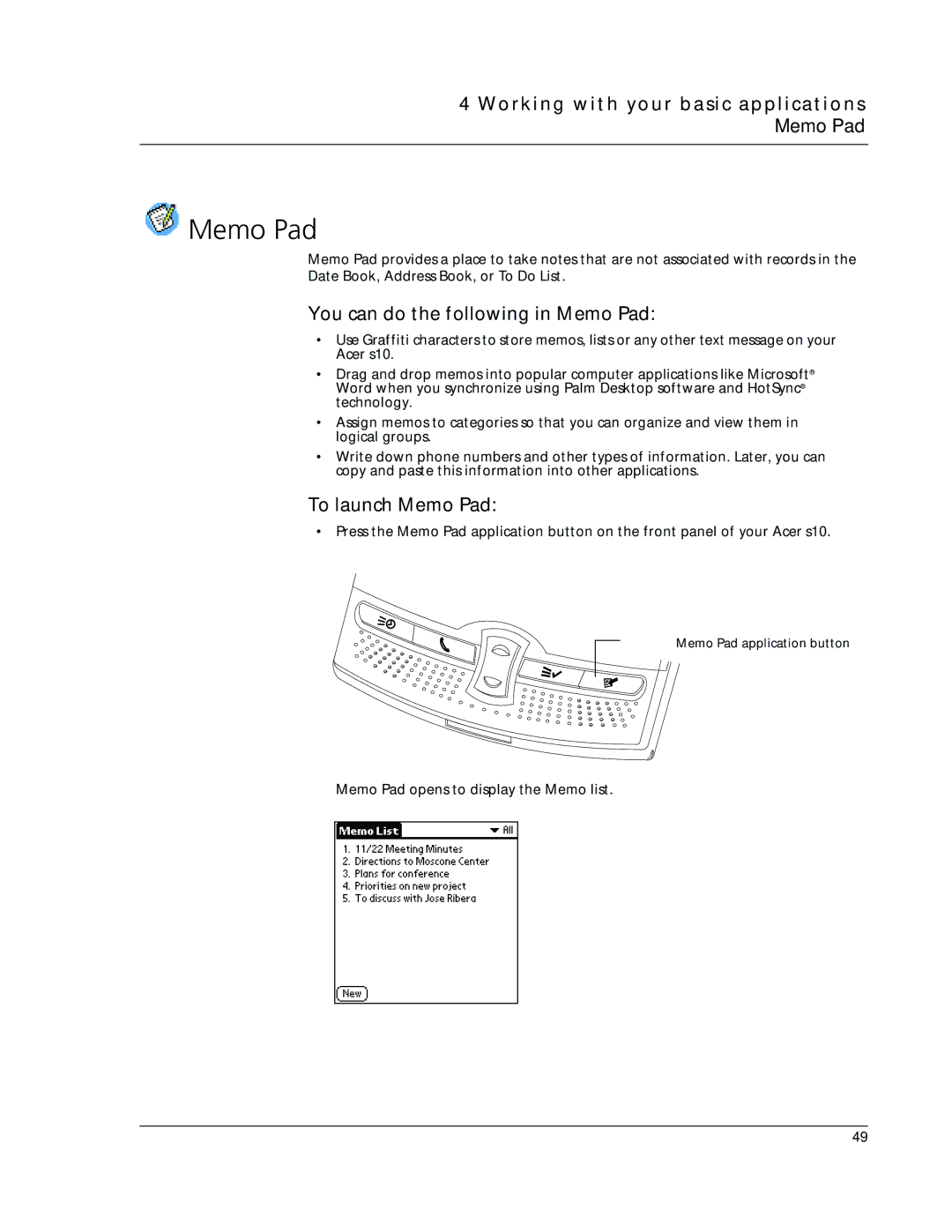 Acer s10 manual Working with your basic applications Memo Pad, You can do the following in Memo Pad, To launch Memo Pad 