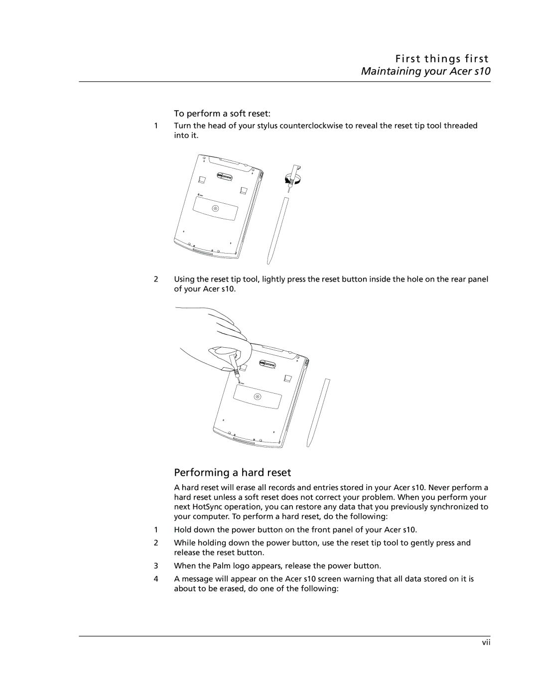 Acer s10 manual Performing a hard reset, To perform a soft reset 