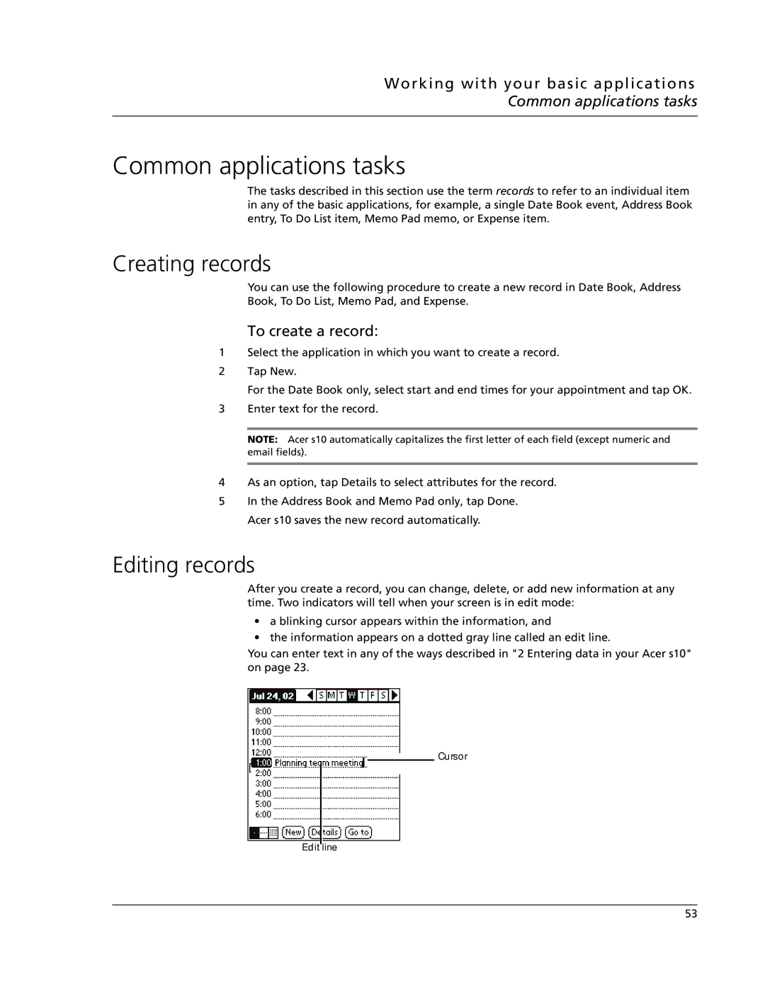 Acer s10 manual Creating records, Editing records, To create a record 