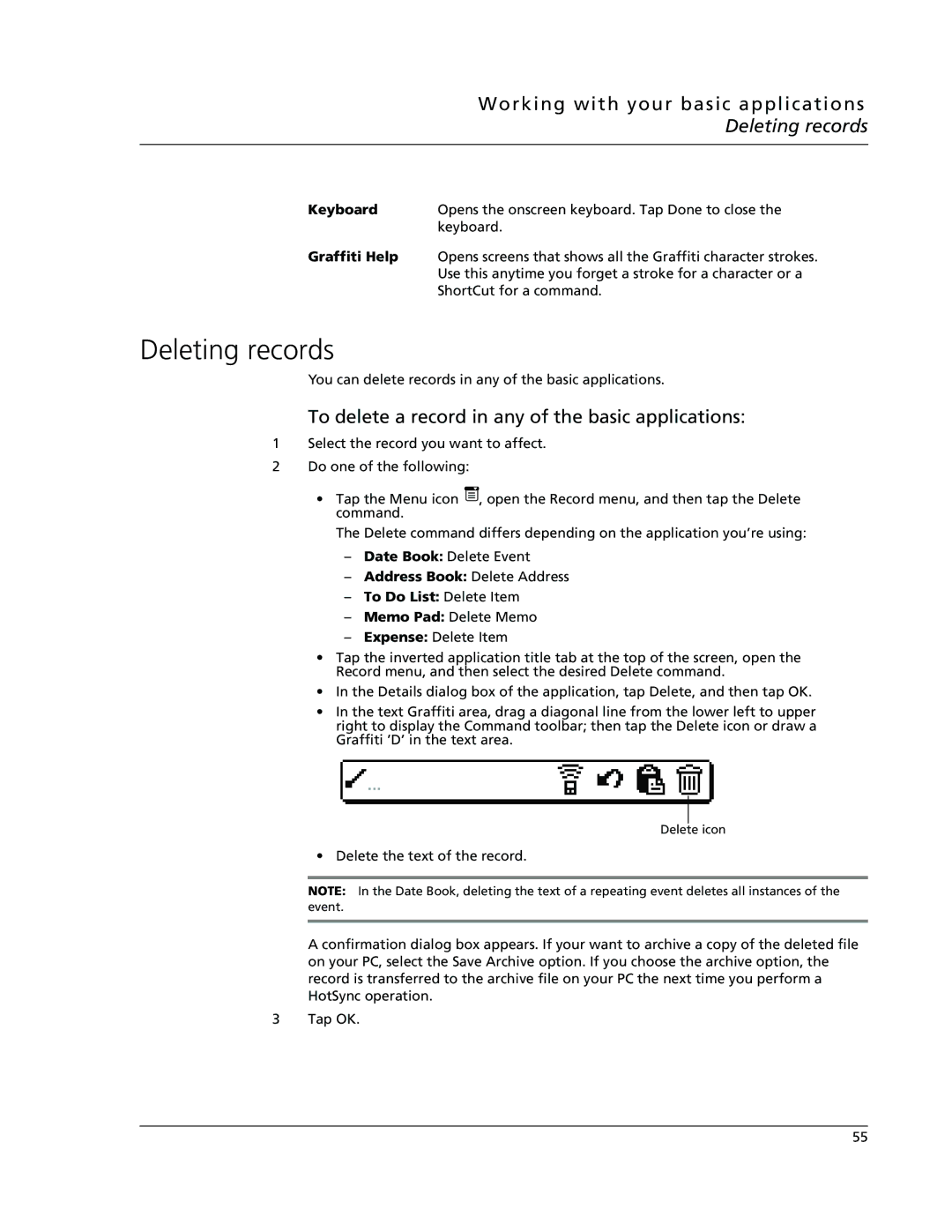 Acer s10 manual Deleting records, To delete a record in any of the basic applications, Keyboard, Graffiti Help 