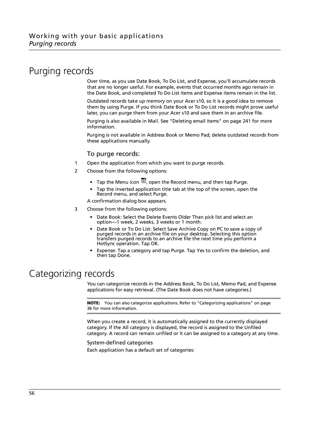 Acer s10 manual Purging records, Categorizing records, To purge records, System-defined categories 