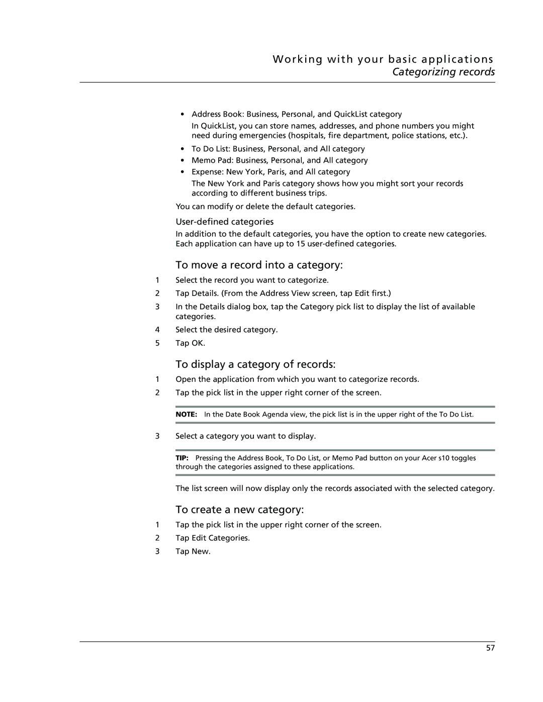 Acer s10 manual To move a record into a category, To display a category of records, User-defined categories 