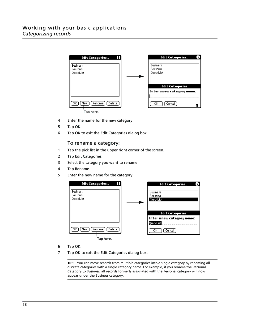 Acer s10 manual To rename a category, Tap OK Tap OK to exit the Edit Categories dialog box 