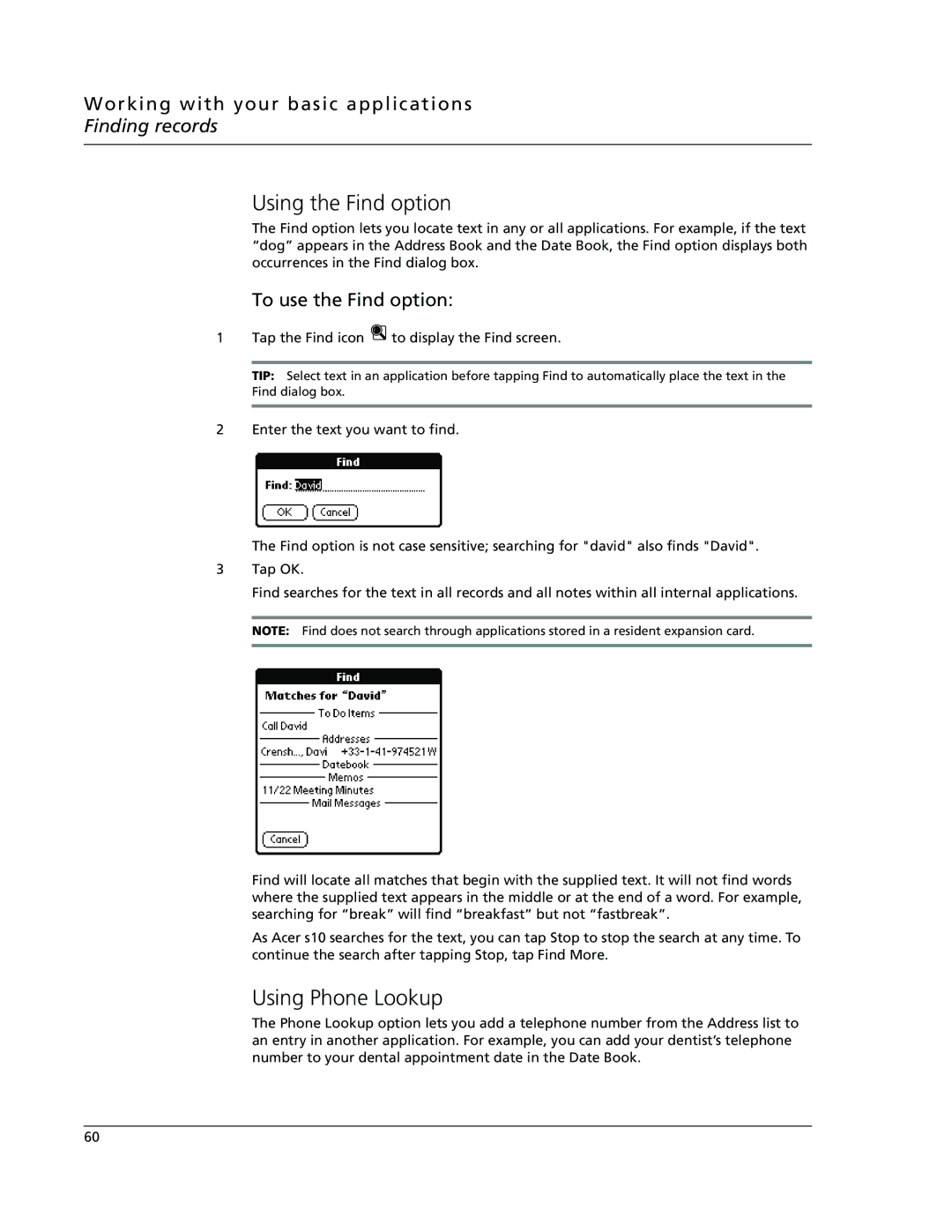 Acer s10 manual Using the Find option, Using Phone Lookup, To use the Find option 