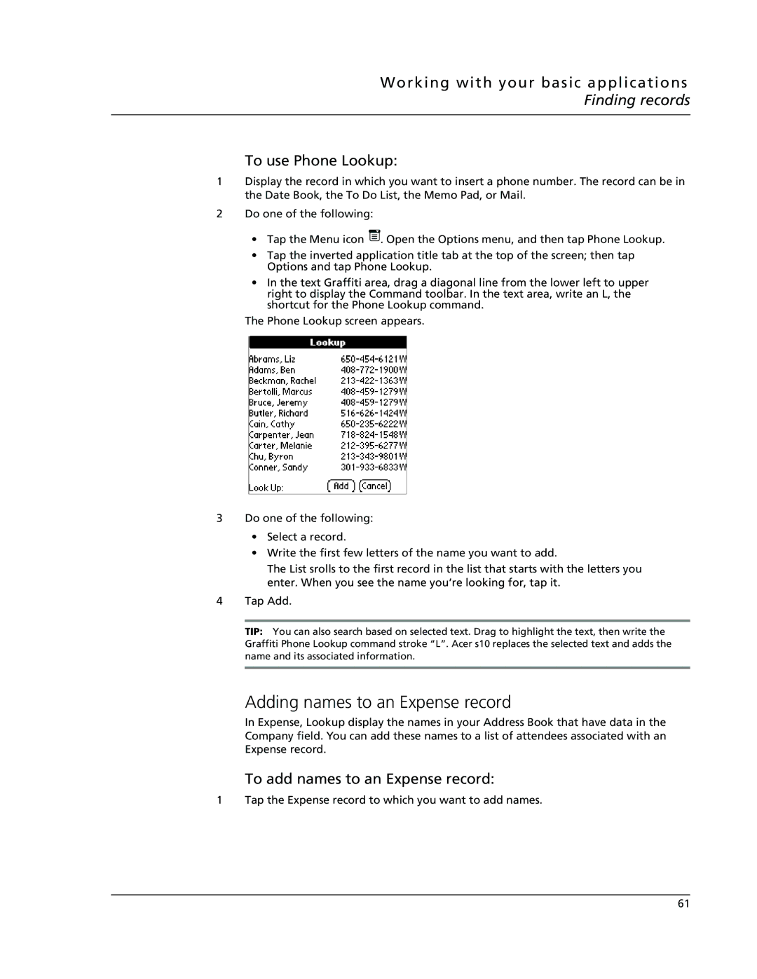 Acer s10 manual Adding names to an Expense record, To use Phone Lookup, To add names to an Expense record 