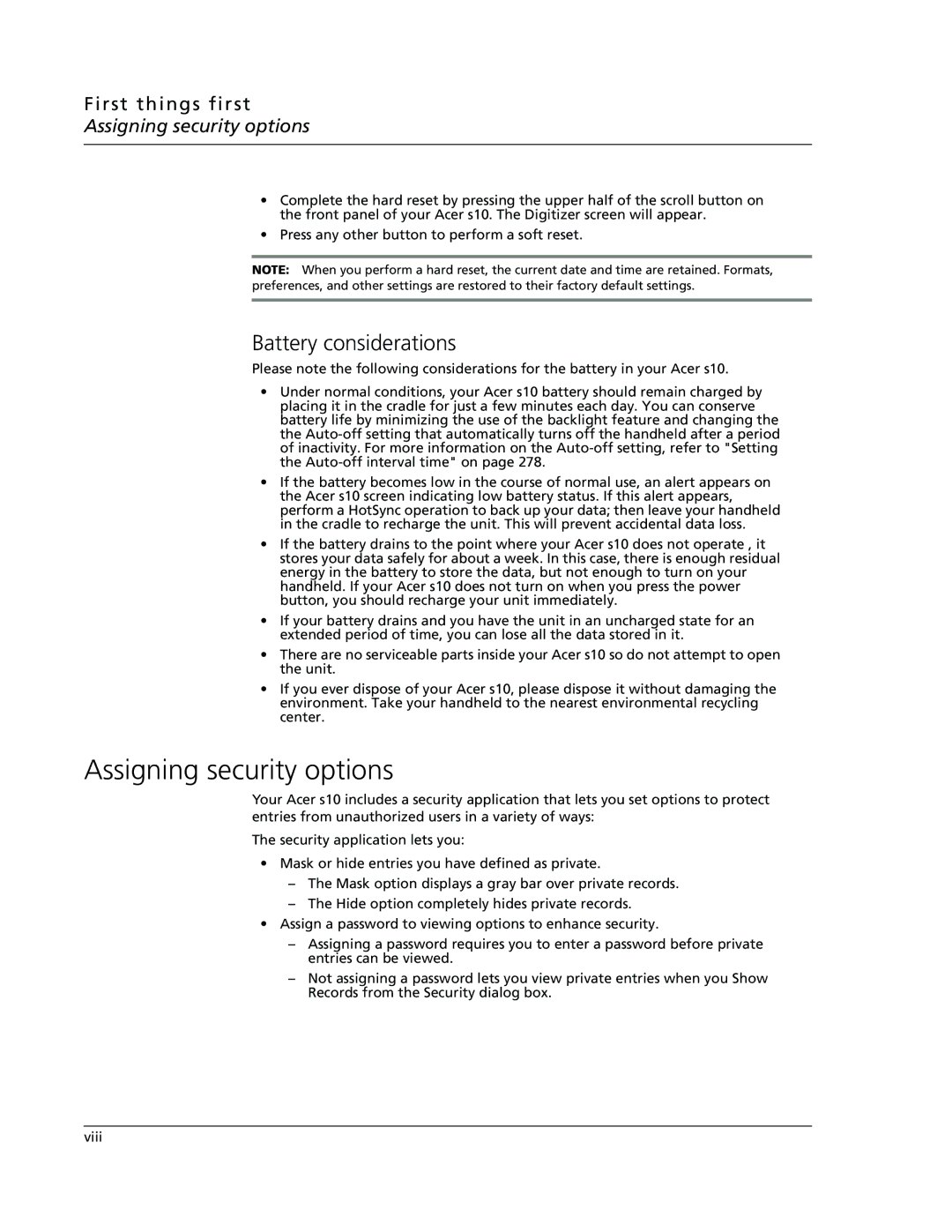 Acer s10 manual Assigning security options, Battery considerations 