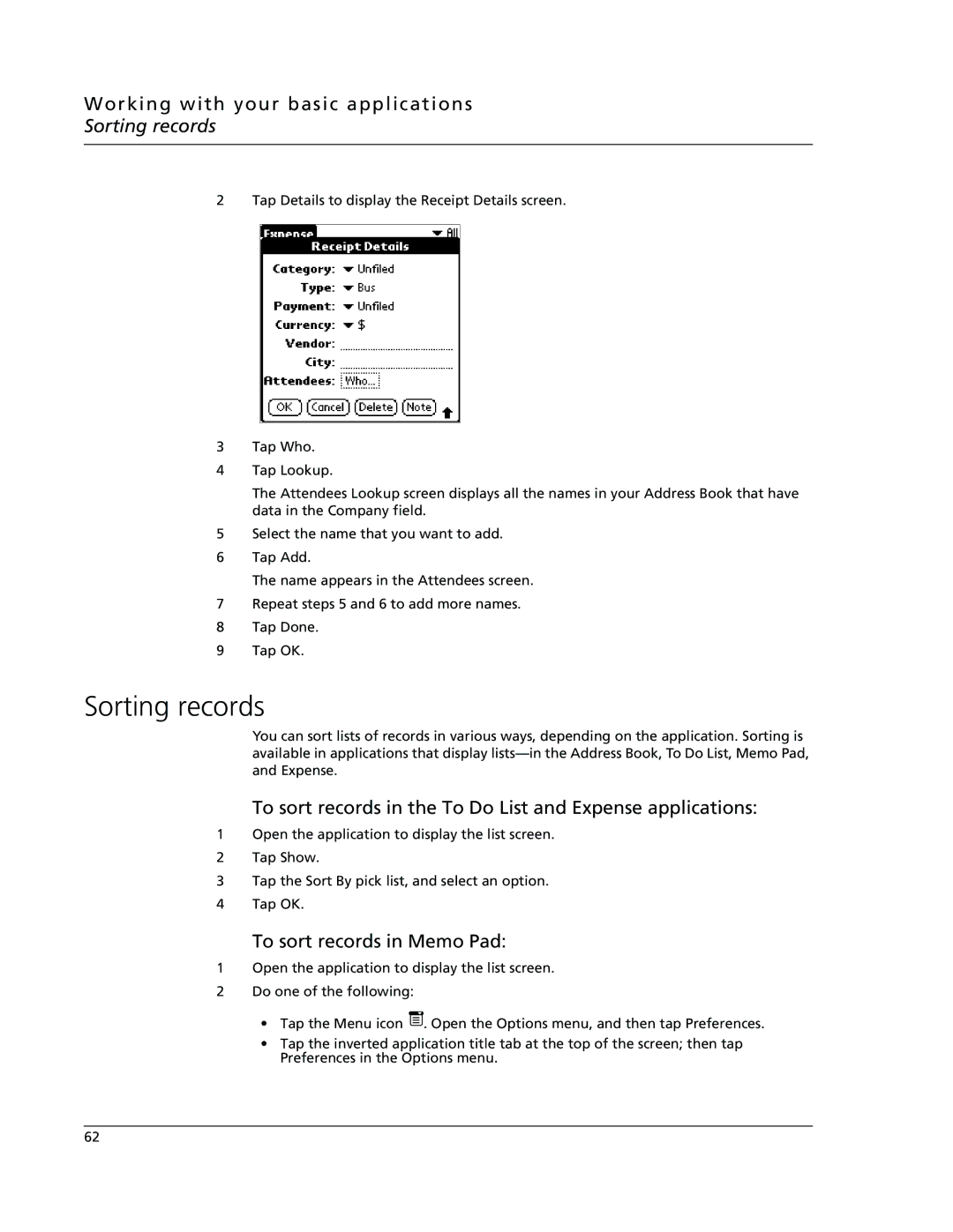 Acer s10 manual Sorting records, To sort records in the To Do List and Expense applications, To sort records in Memo Pad 