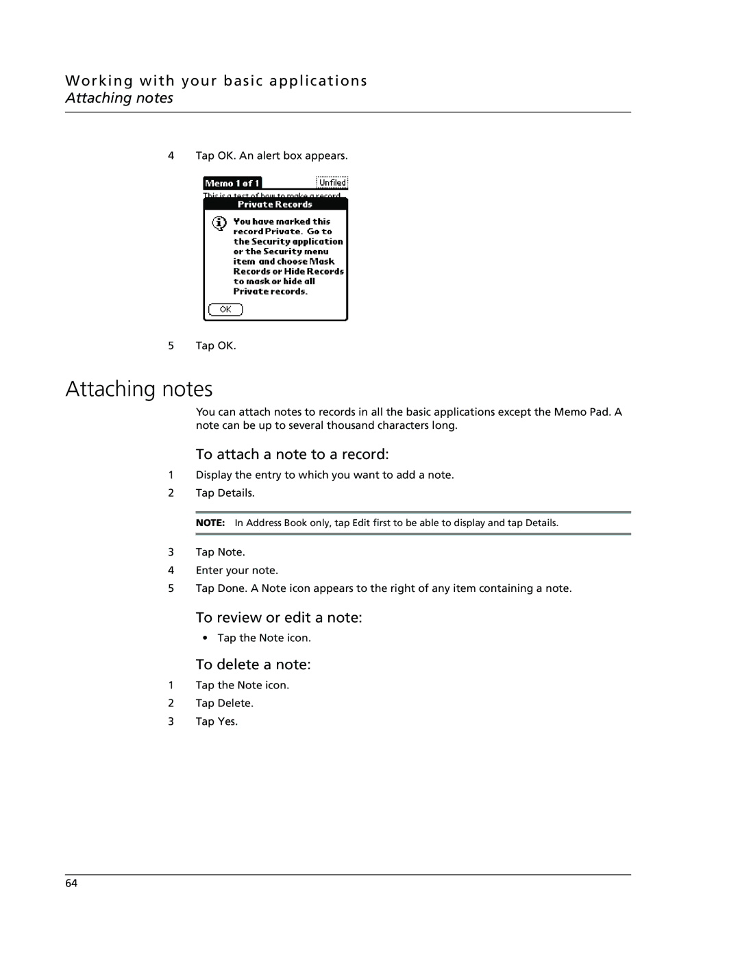 Acer s10 manual Attaching notes, To attach a note to a record, To review or edit a note, To delete a note 