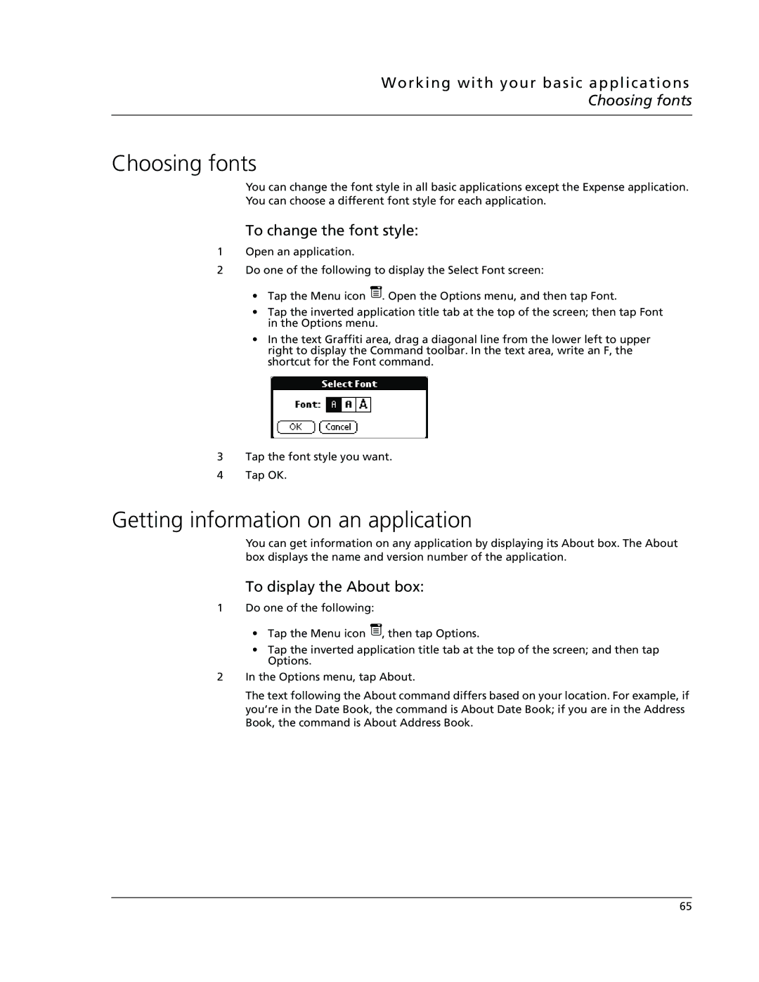 Acer s10 manual Choosing fonts, Getting information on an application, To change the font style, To display the About box 