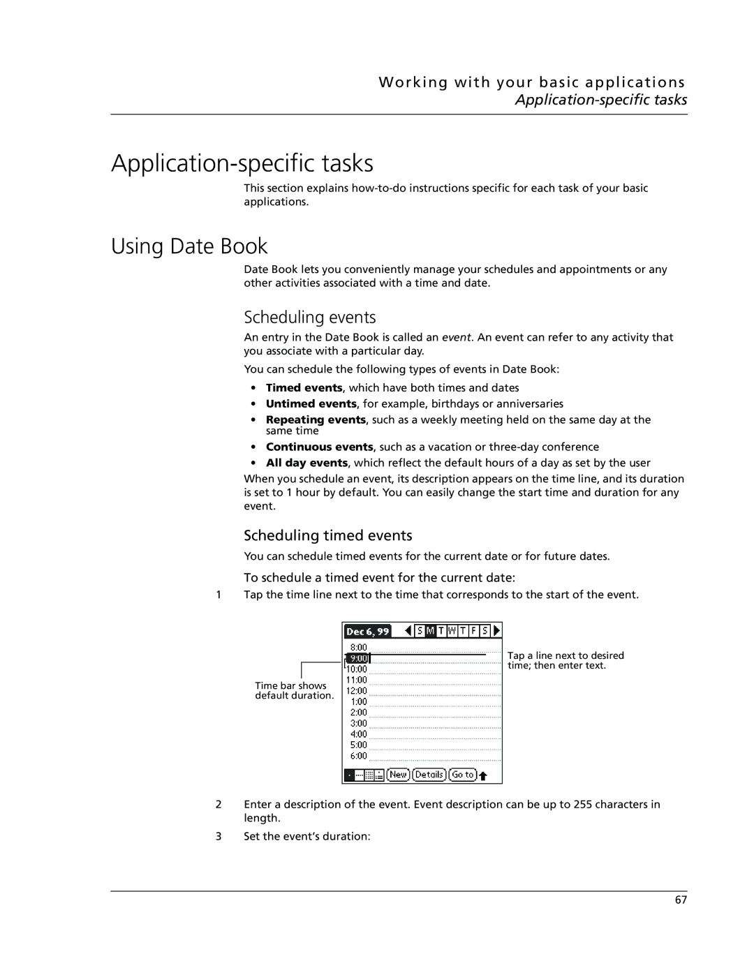 Acer s10 manual Using Date Book, Scheduling events, Scheduling timed events, To schedule a timed event for the current date 