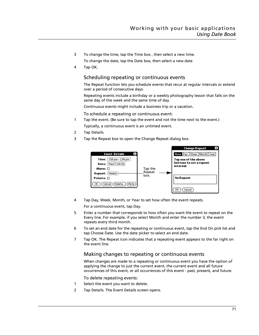 Acer s10 manual Scheduling repeating or continuous events, Making changes to repeating or continuous events 