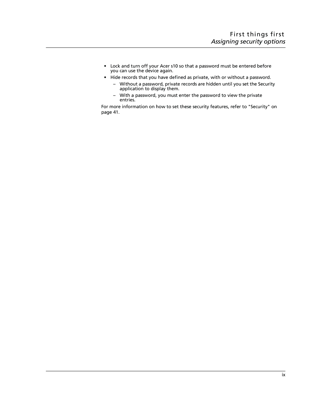 Acer s10 manual Assigning security options 