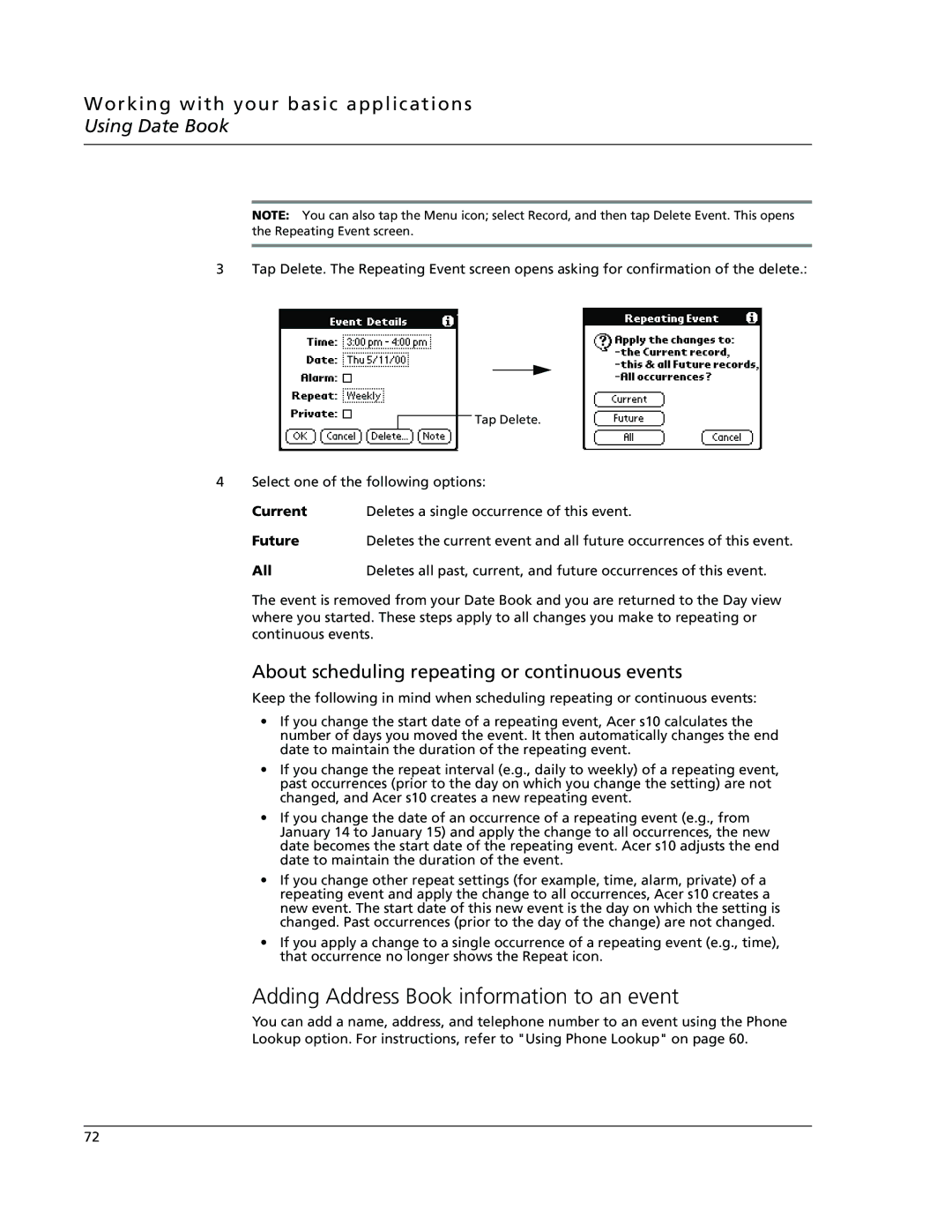 Acer s10 manual Adding Address Book information to an event, About scheduling repeating or continuous events 