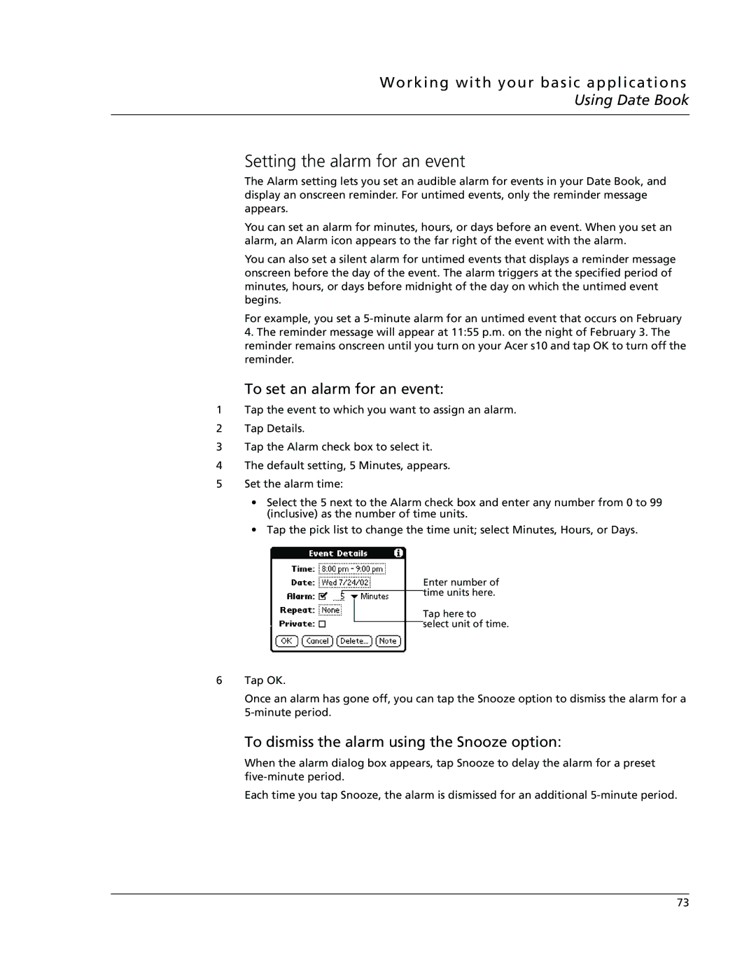 Acer s10 manual Setting the alarm for an event, To set an alarm for an event, To dismiss the alarm using the Snooze option 