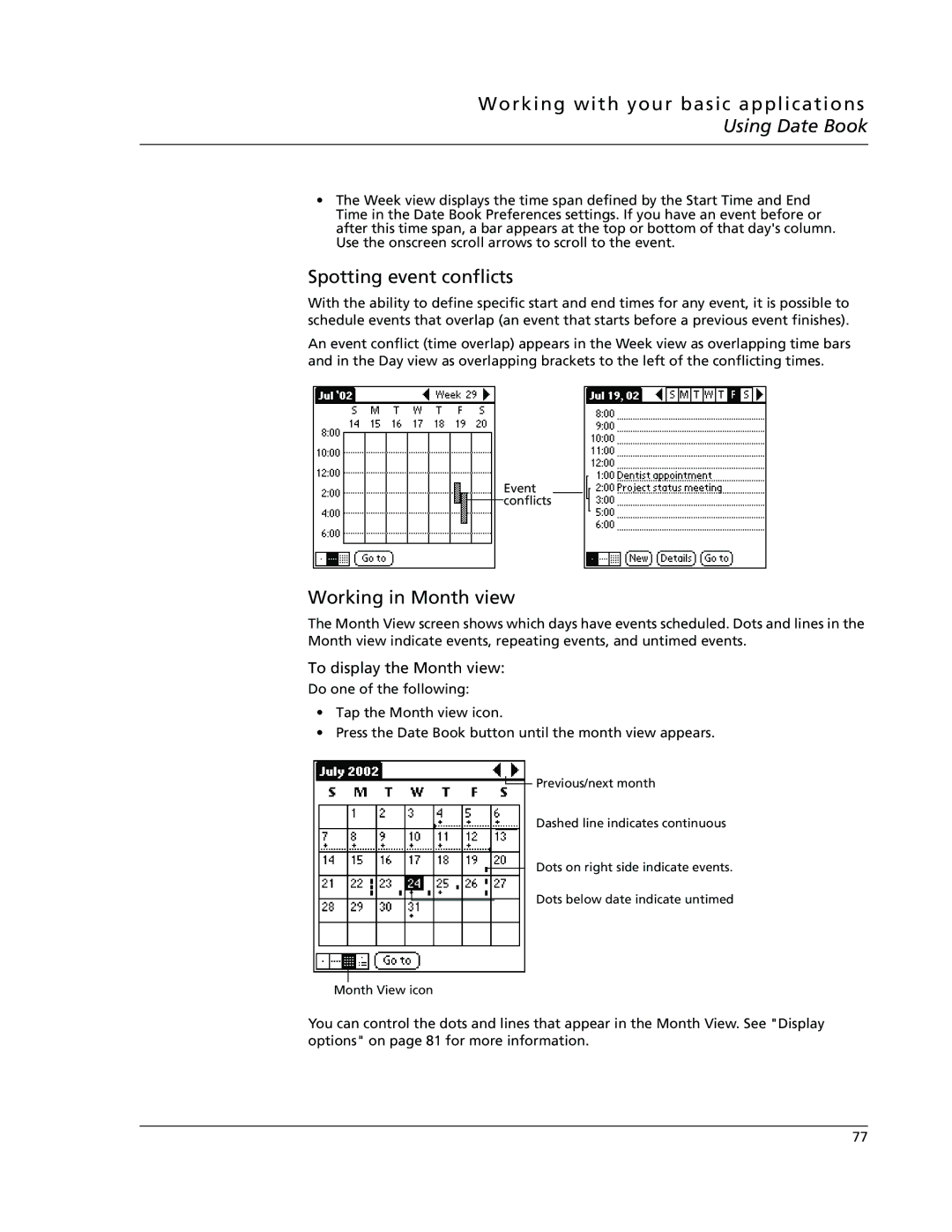 Acer s10 manual Spotting event conflicts, Working in Month view, To display the Month view 