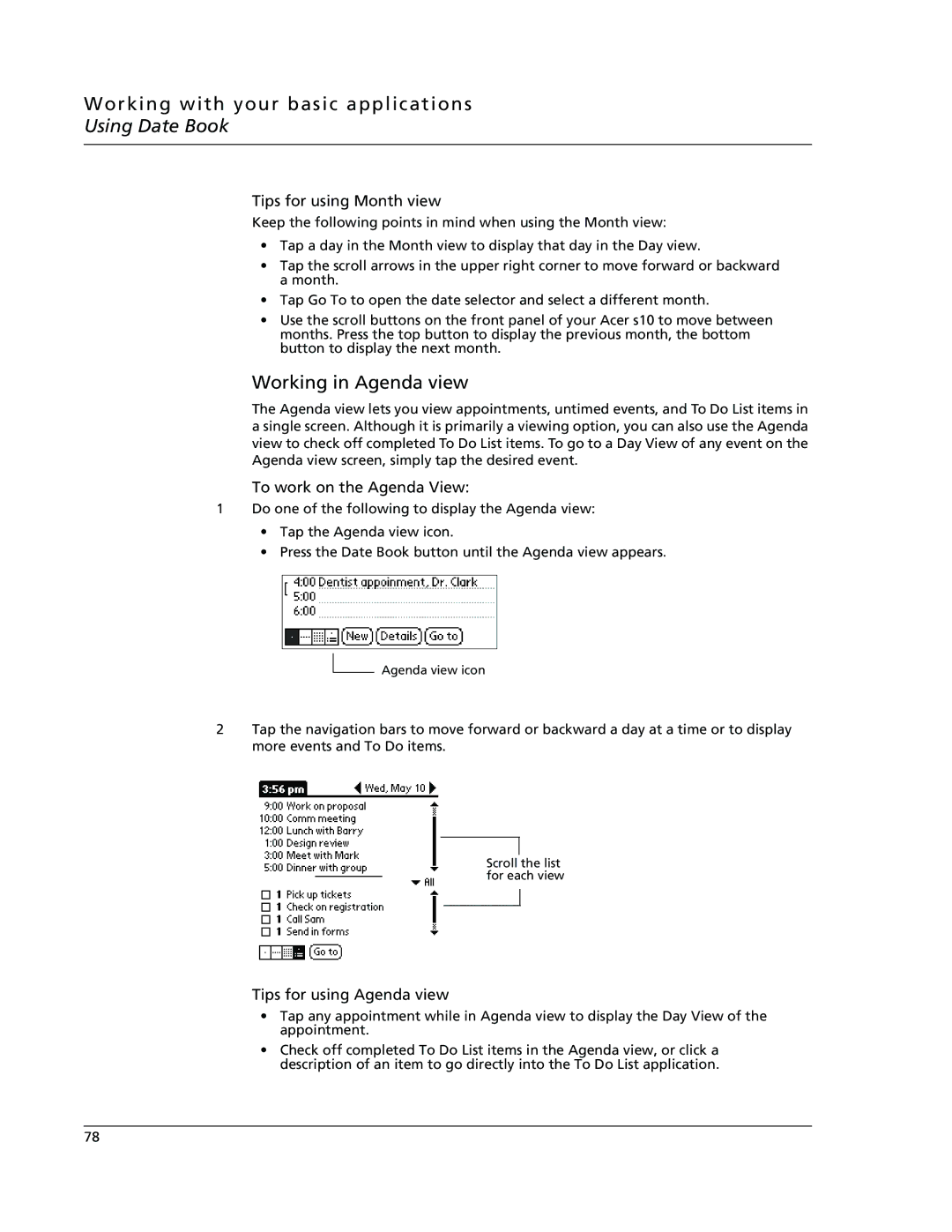 Acer s10 manual Working in Agenda view, Tips for using Month view, To work on the Agenda View, Tips for using Agenda view 