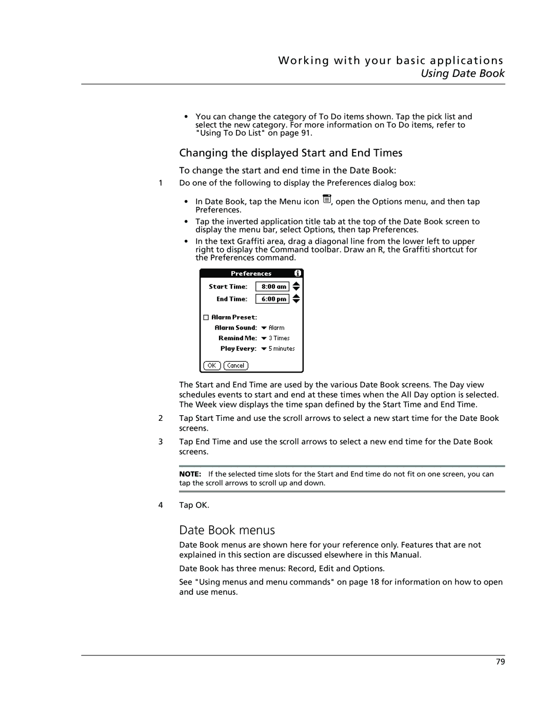 Acer s10 Date Book menus, Changing the displayed Start and End Times, To change the start and end time in the Date Book 