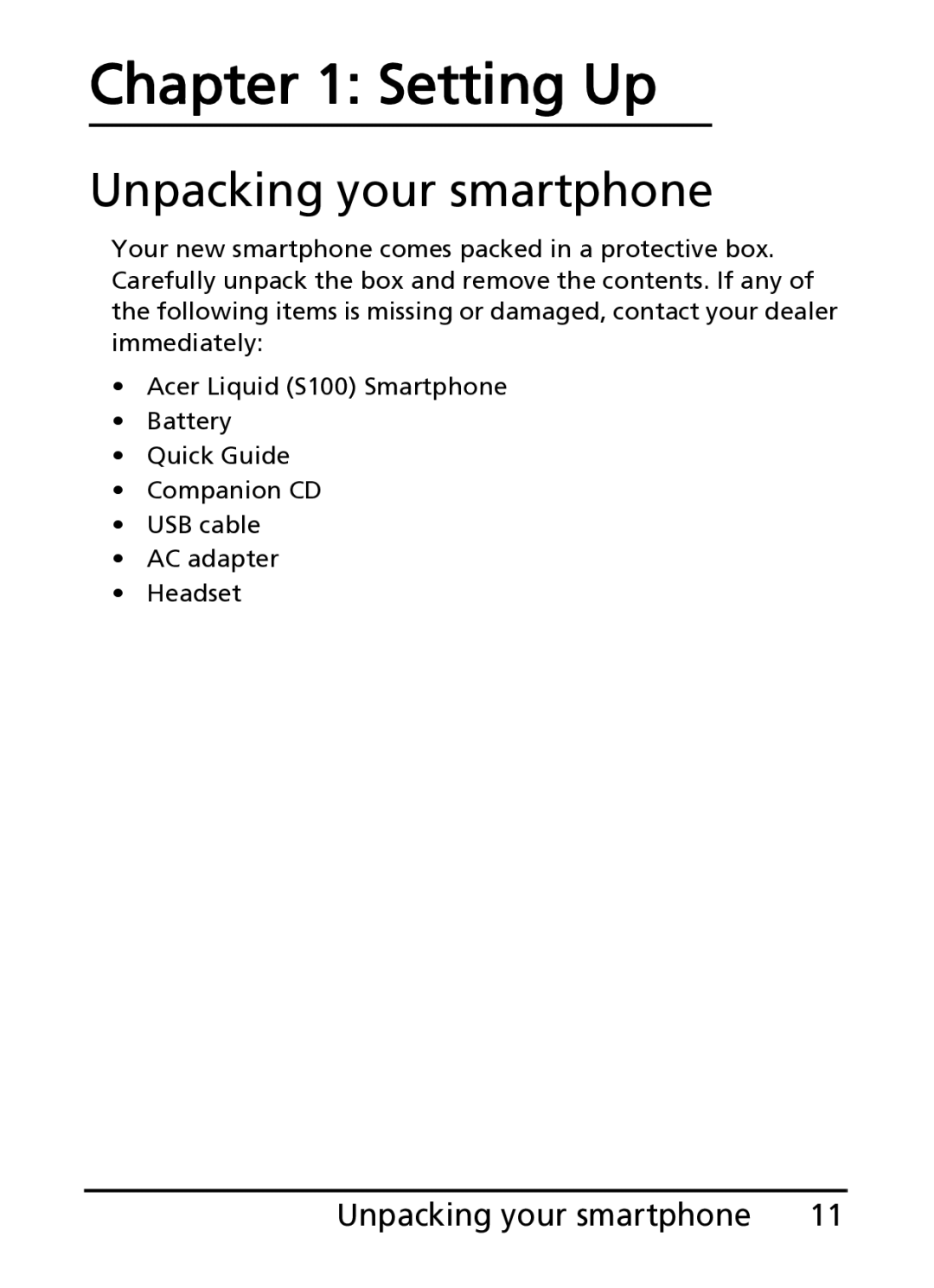 Acer S100 manual Setting Up, Unpacking your smartphone 