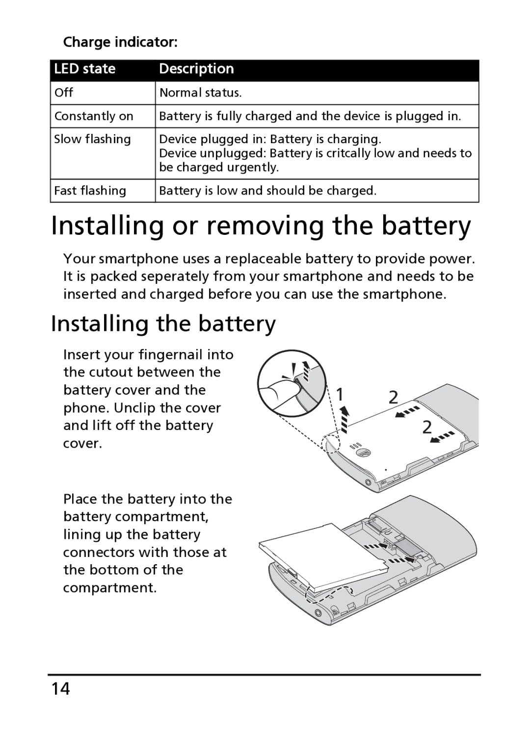 Acer S100 manual Installing or removing the battery, Installing the battery 