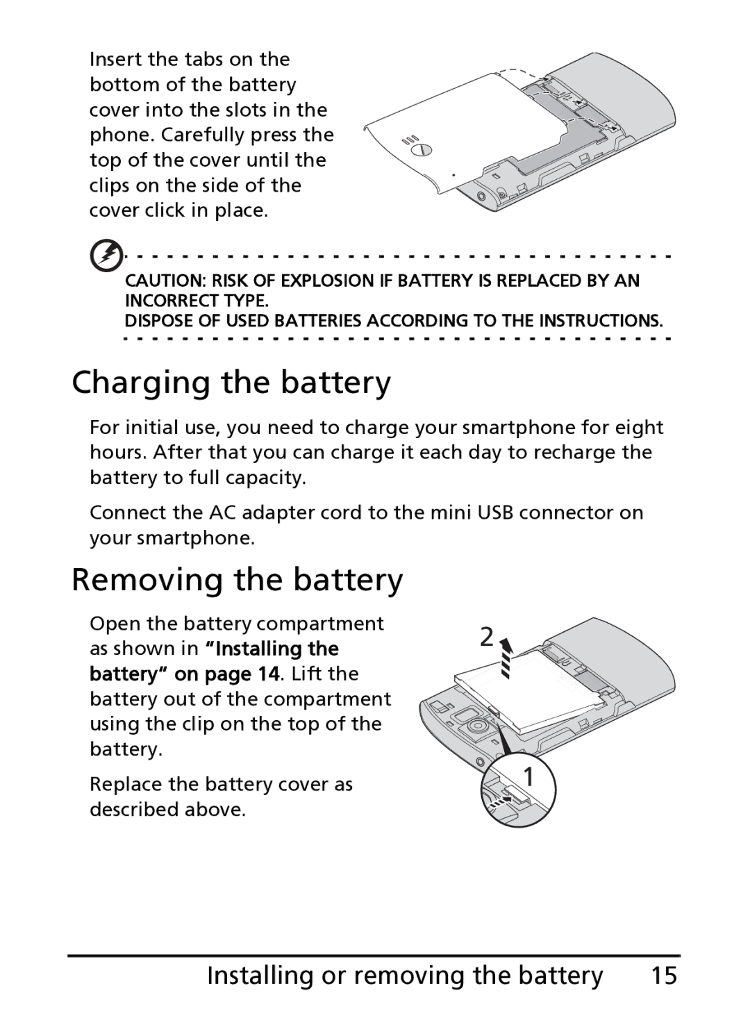 Acer S100 manual Charging the battery, Removing the battery, Installing or removing the battery 