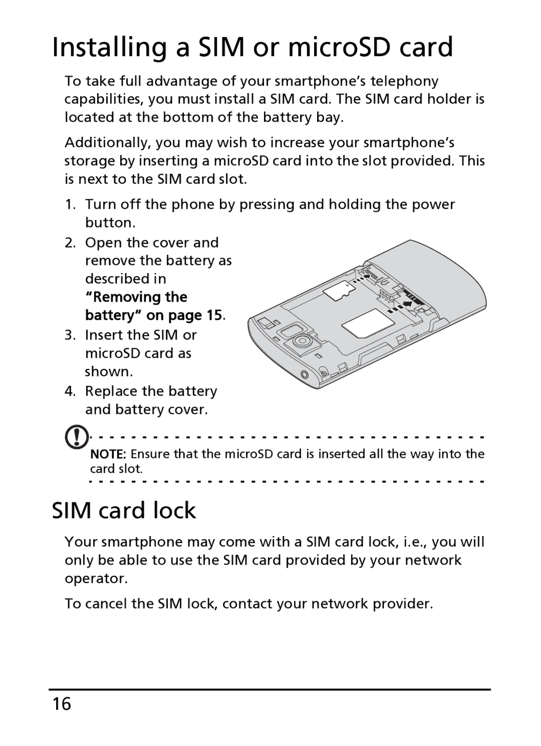 Acer S100 manual Installing a SIM or microSD card, SIM card lock 