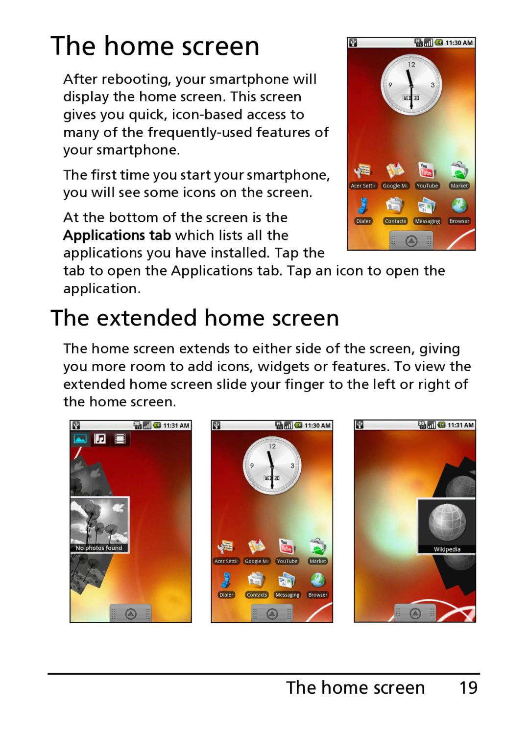 Acer S100 manual Home screen, Extended home screen 