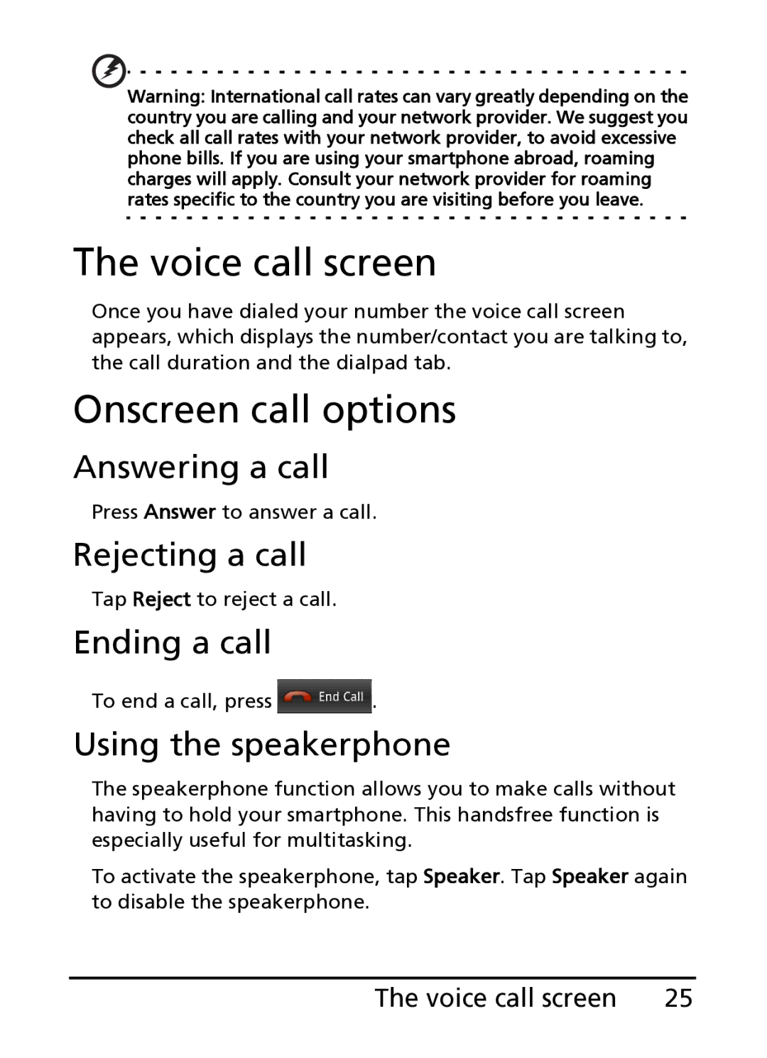 Acer S100 manual Voice call screen, Onscreen call options 