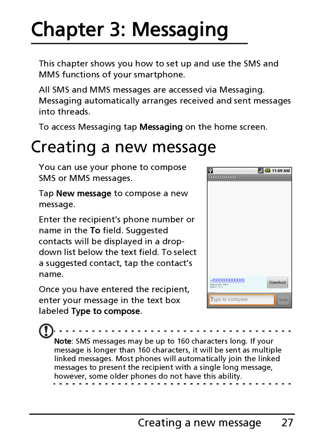 Acer S100 manual Messaging, Creating a new message 