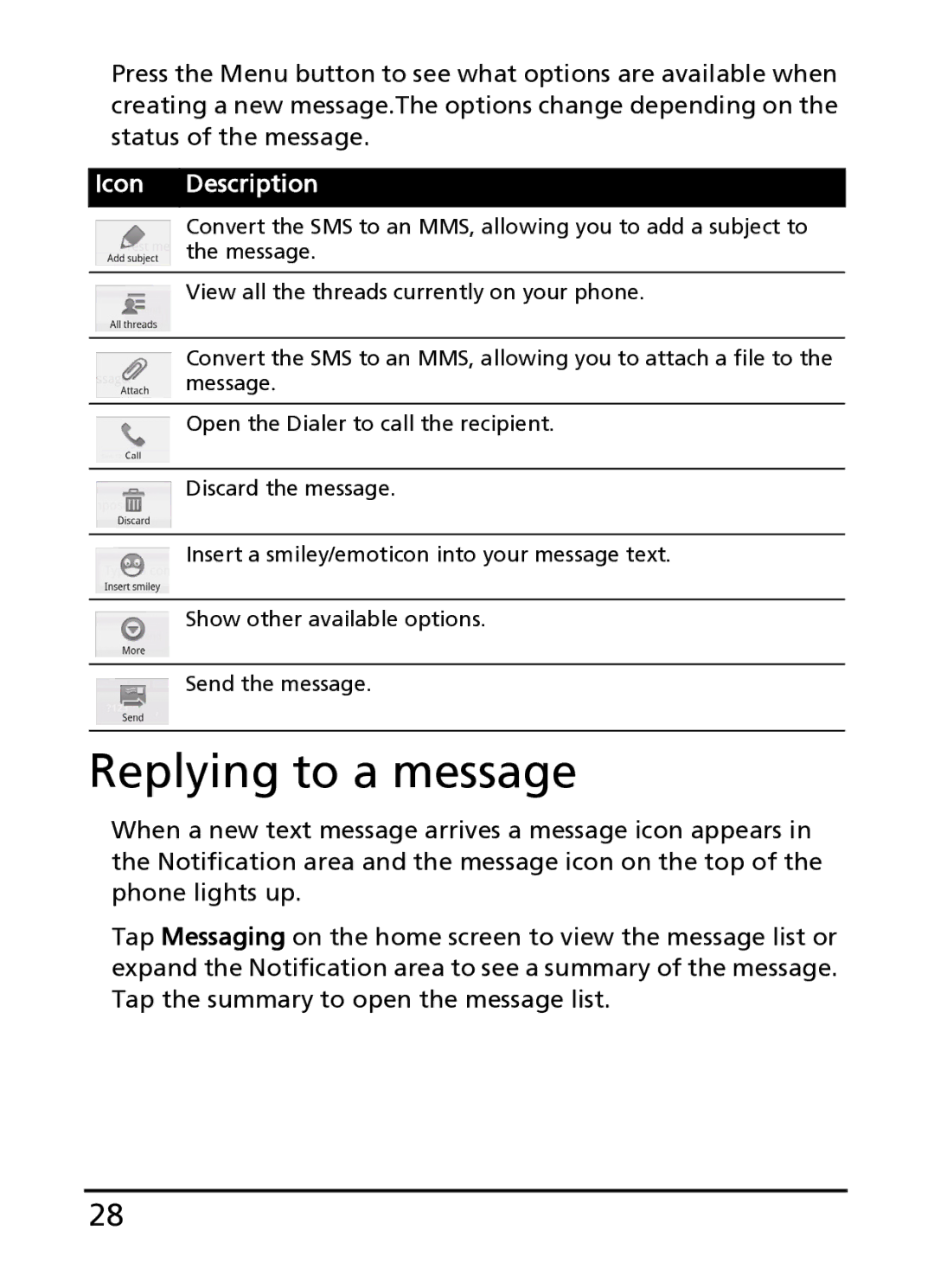 Acer S100 manual Replying to a message 