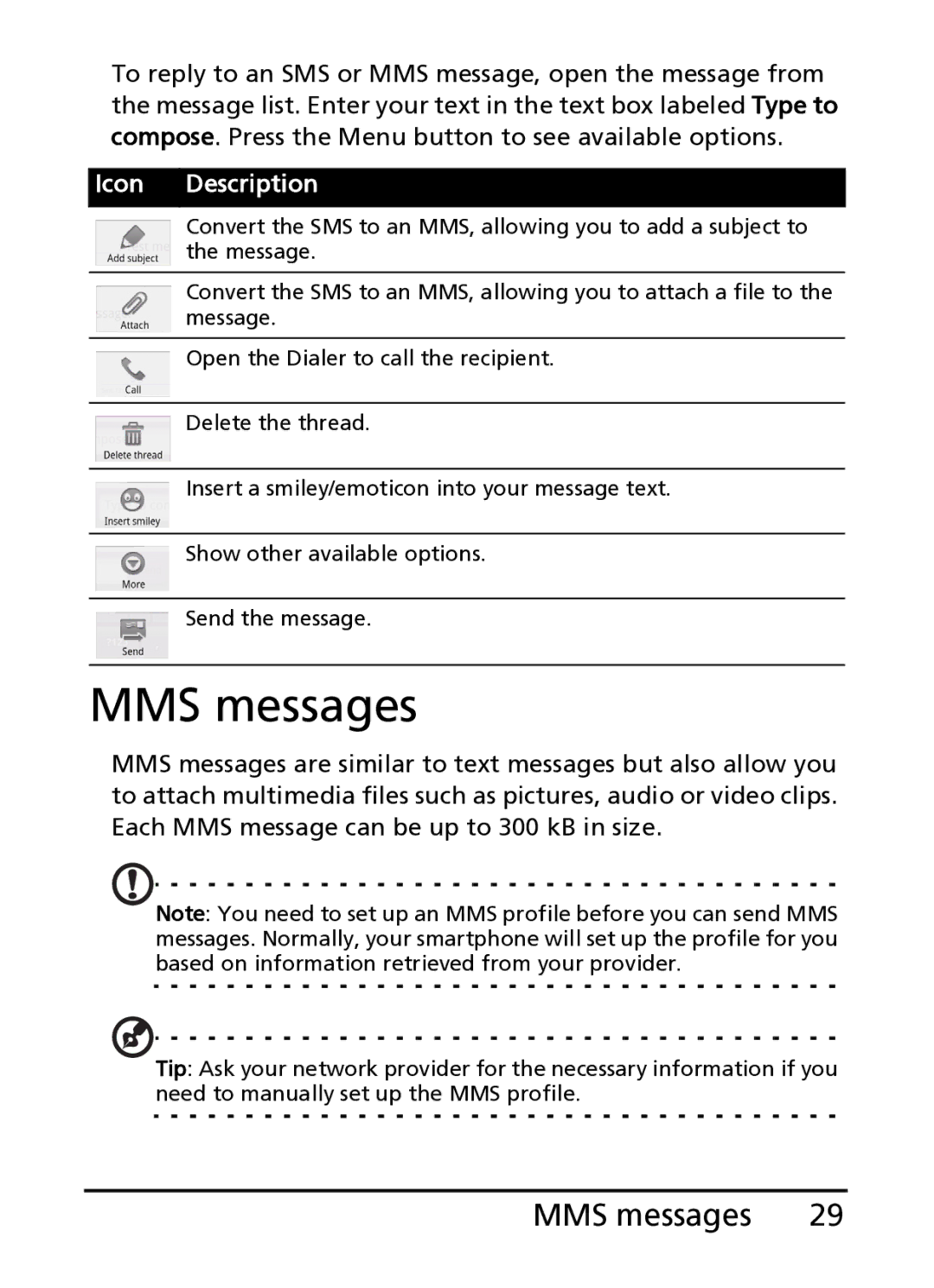 Acer S100 manual MMS messages 