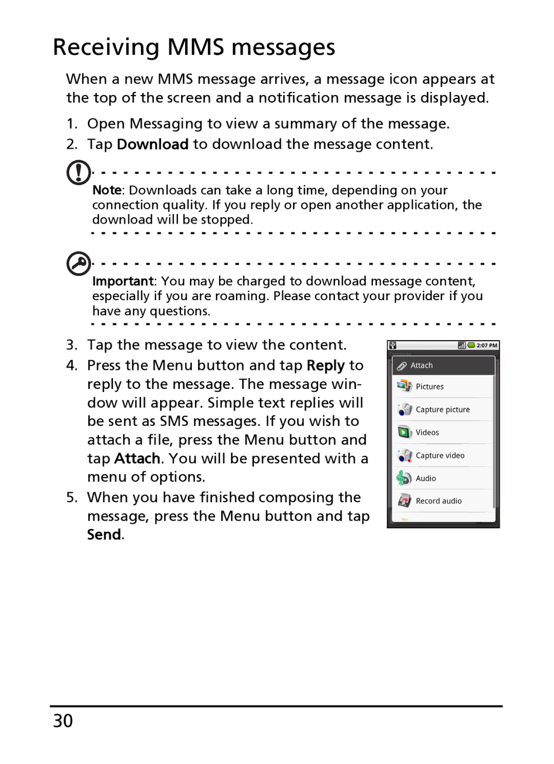 Acer S100 manual Receiving MMS messages 