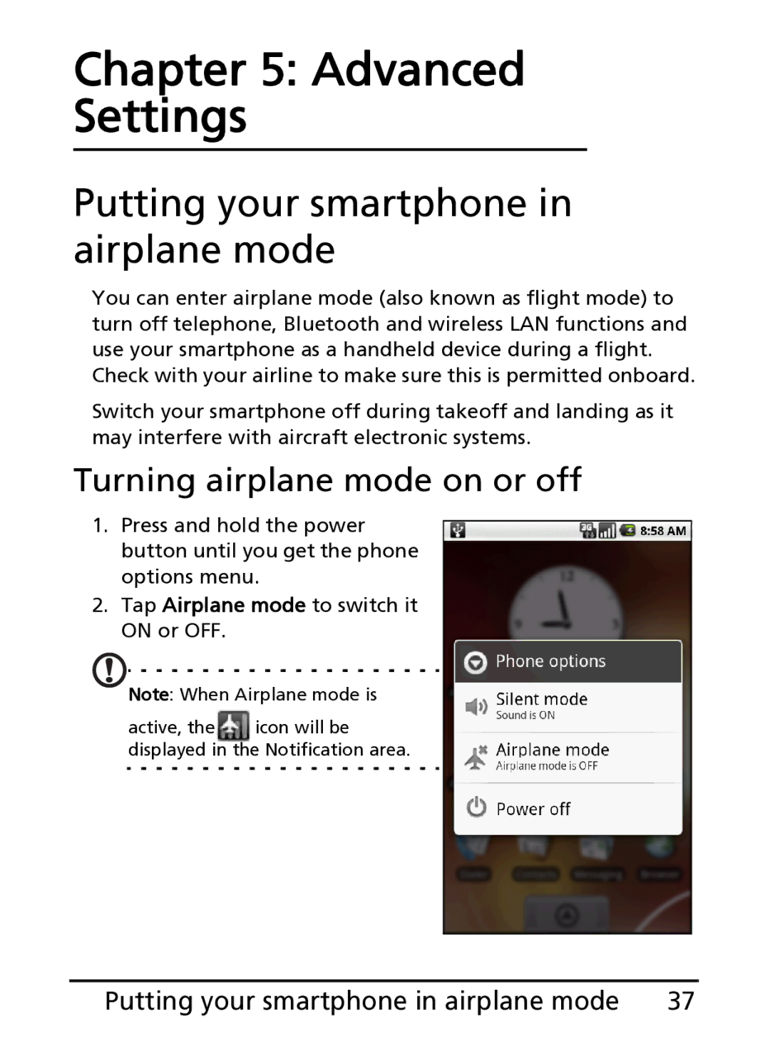 Acer S100 manual Advanced Settings, Putting your smartphone in airplane mode, Turning airplane mode on or off 