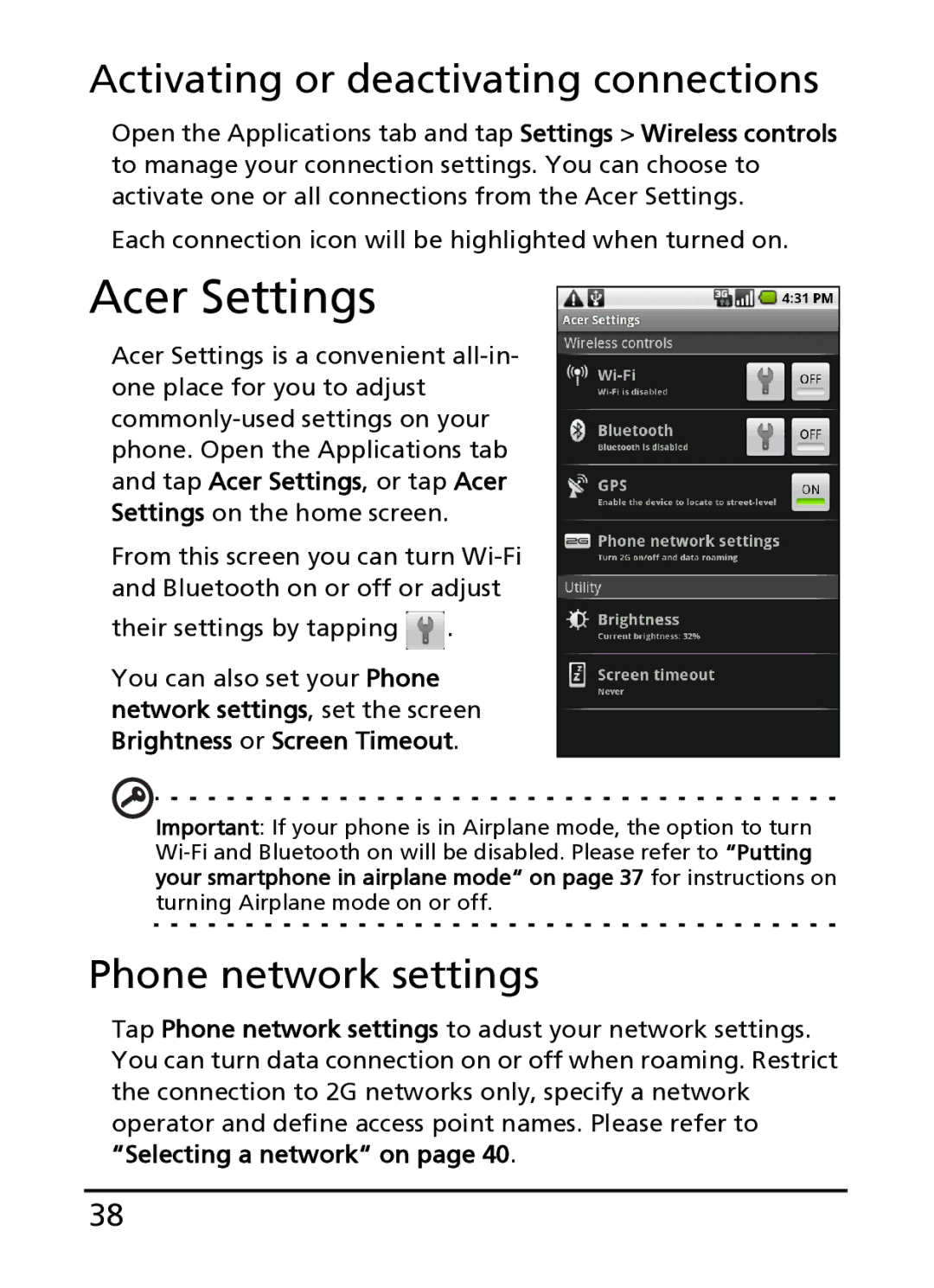 Acer S100 manual Acer Settings, Activating or deactivating connections, Phone network settings 