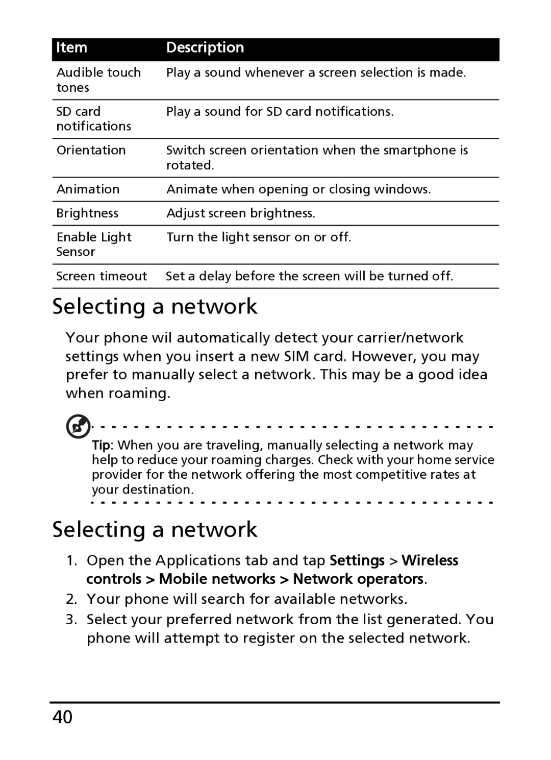 Acer S100 manual Selecting a network 