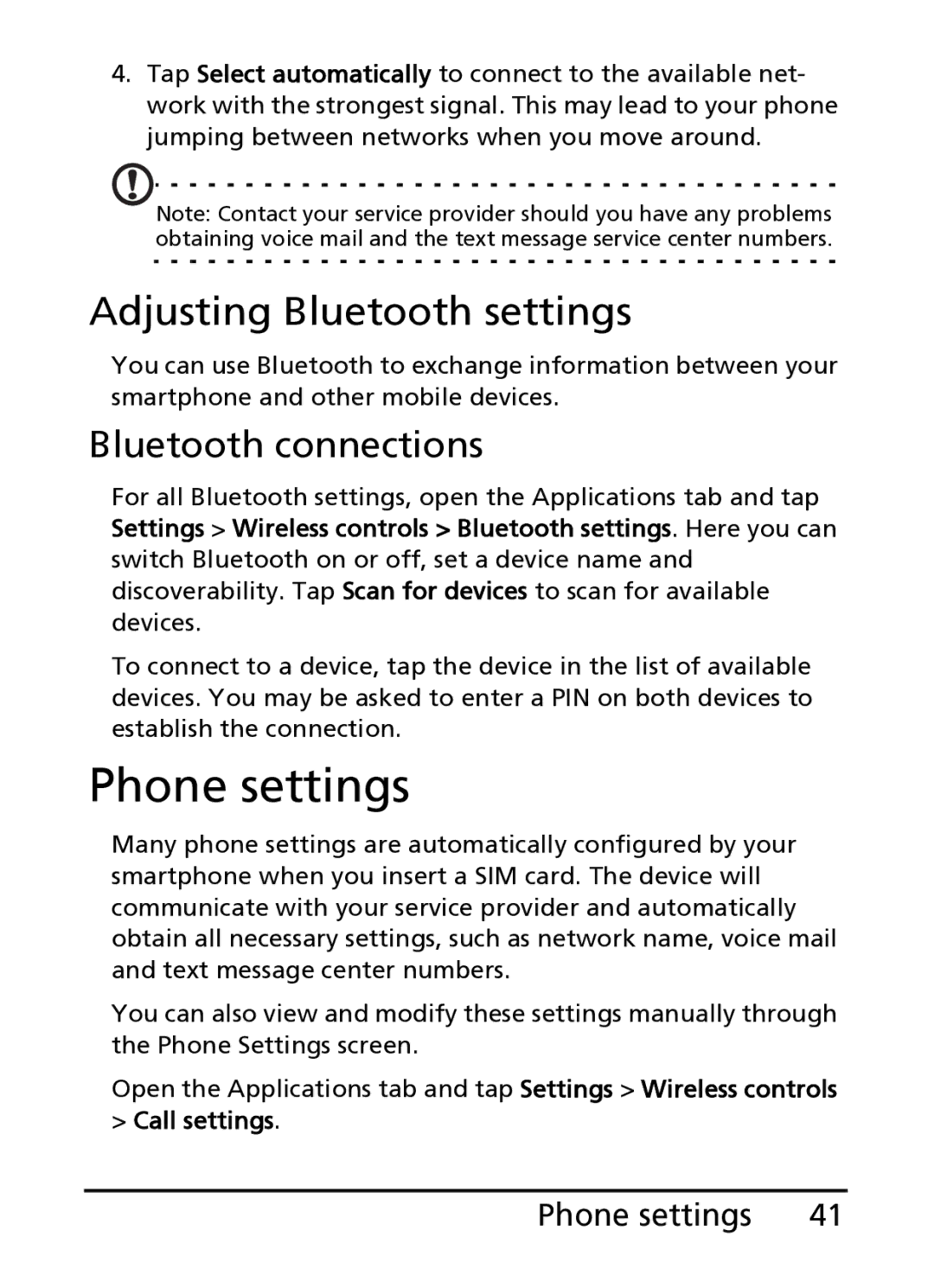 Acer S100 manual Phone settings, Adjusting Bluetooth settings, Bluetooth connections 