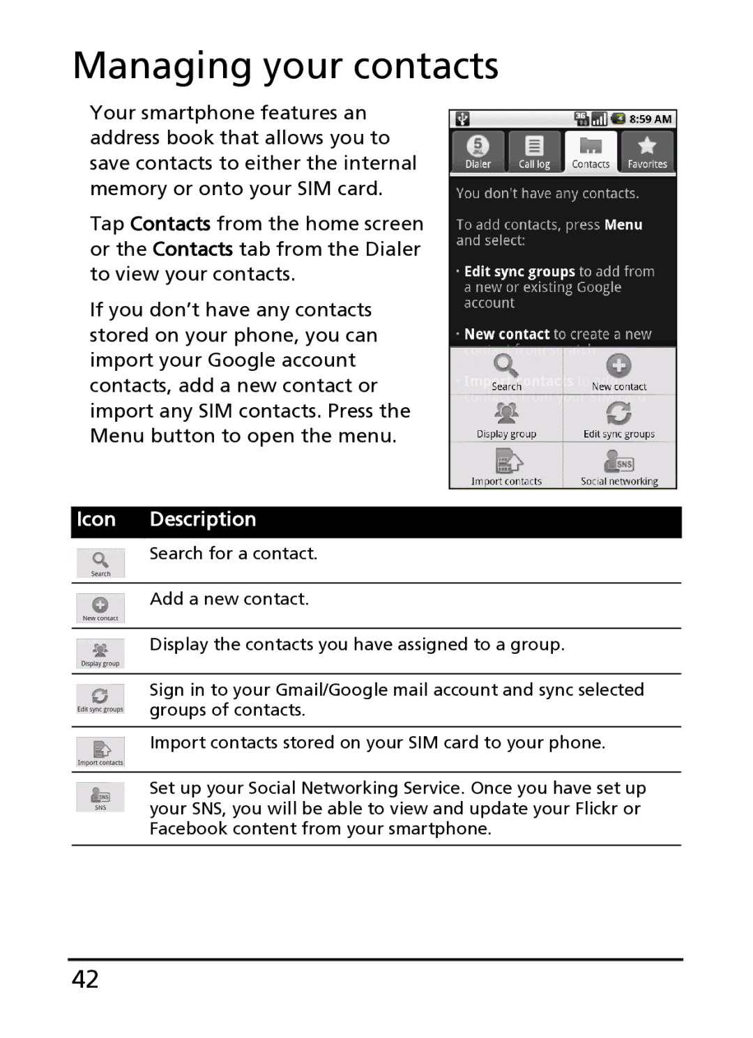 Acer S100 manual Managing your contacts 