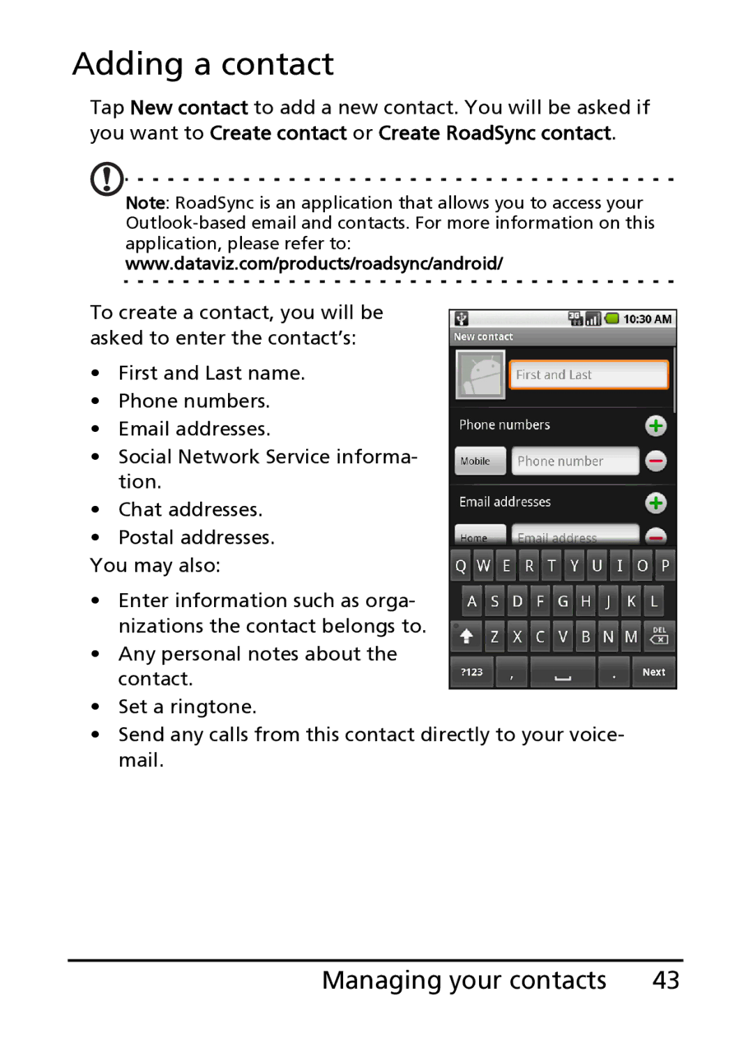 Acer S100 manual Adding a contact, Managing your contacts 