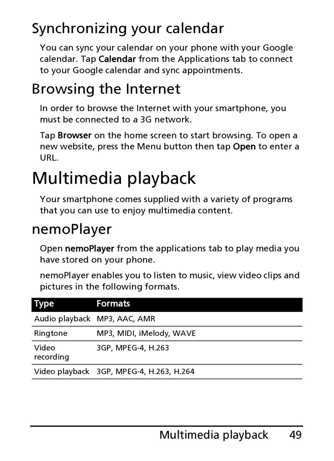 Acer S100 manual Multimedia playback, Synchronizing your calendar, Browsing the Internet, NemoPlayer 
