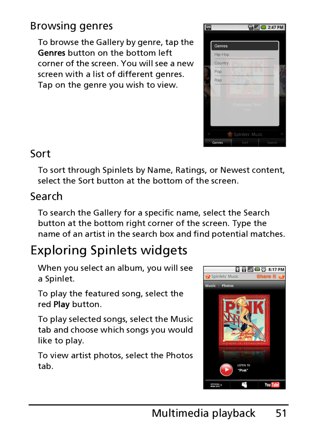 Acer S100 manual Exploring Spinlets widgets, Browsing genres, Sort, Search 