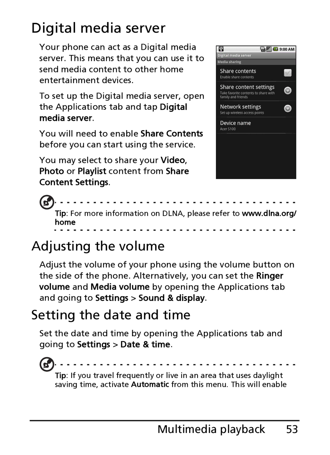 Acer S100 manual Digital media server, Adjusting the volume, Setting the date and time 