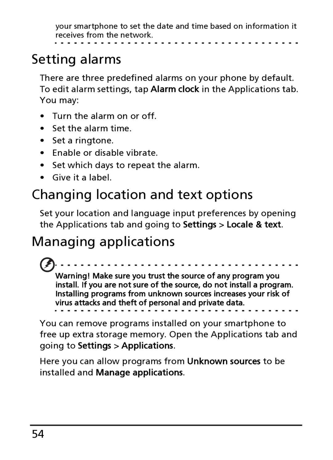 Acer S100 manual Setting alarms, Changing location and text options, Managing applications 