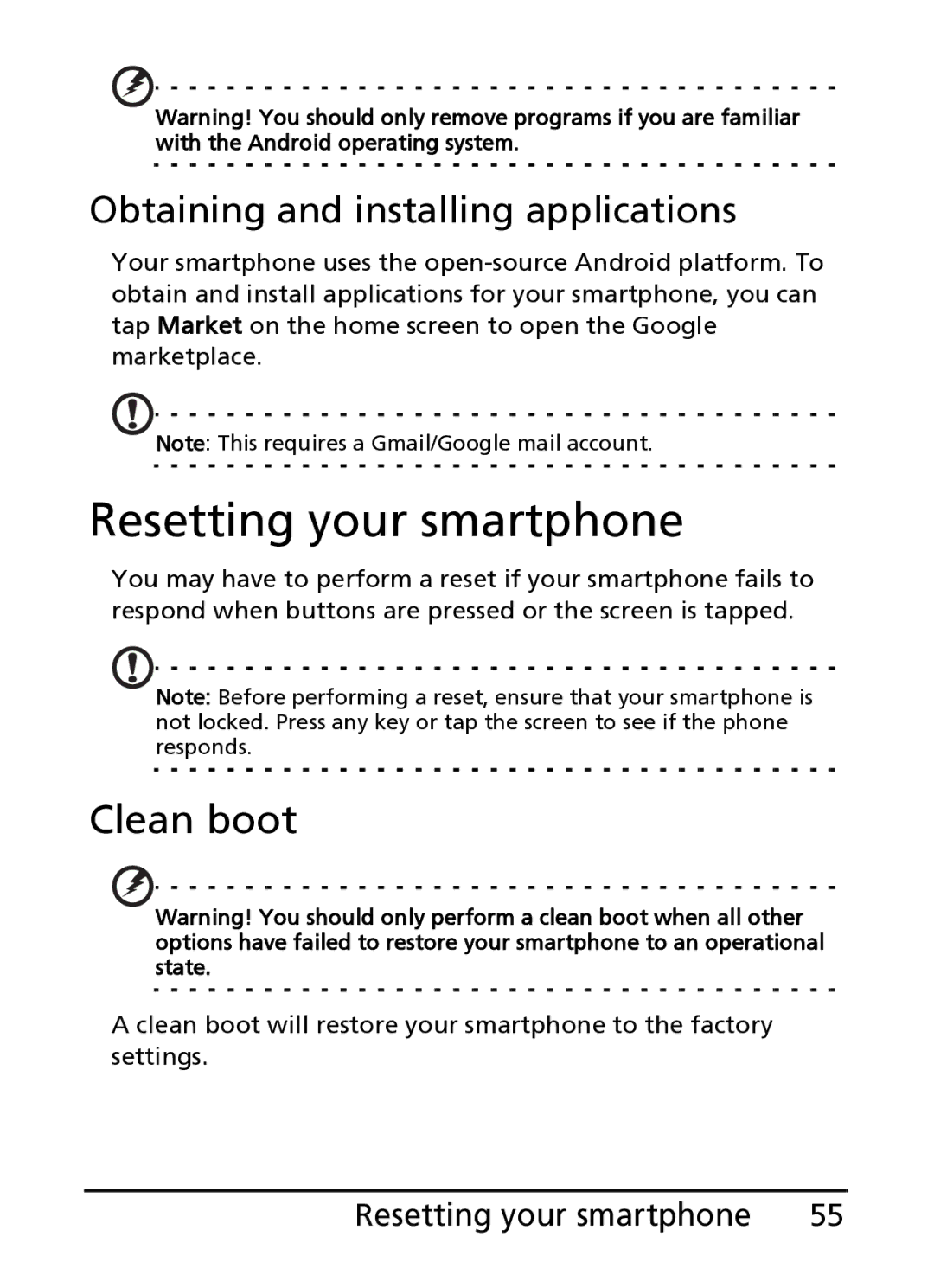 Acer S100 manual Resetting your smartphone, Clean boot, Obtaining and installing applications 