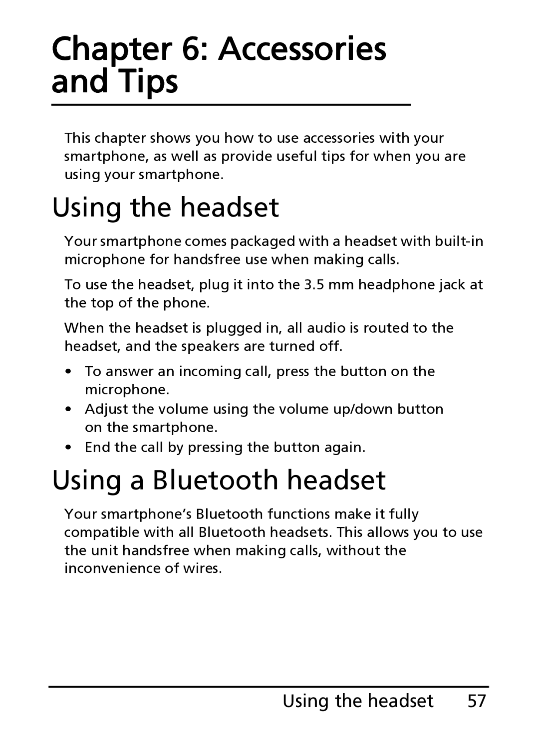 Acer S100 manual Accessories and Tips, Using the headset, Using a Bluetooth headset 