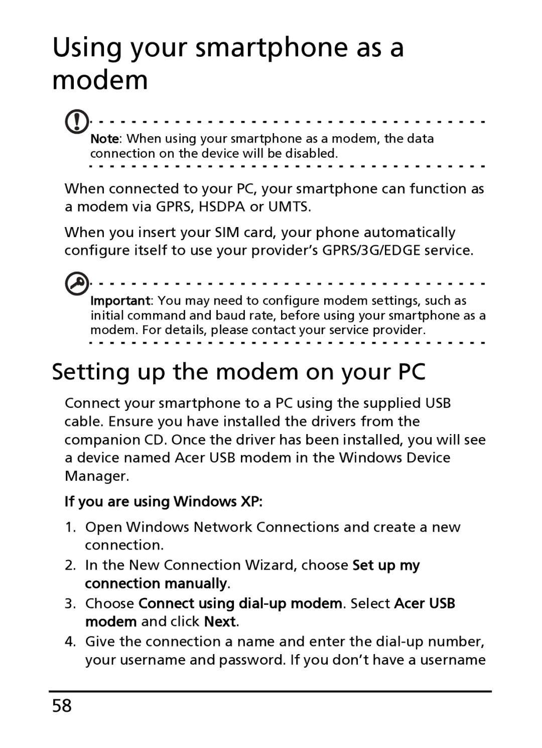 Acer S100 manual Using your smartphone as a modem, Setting up the modem on your PC 