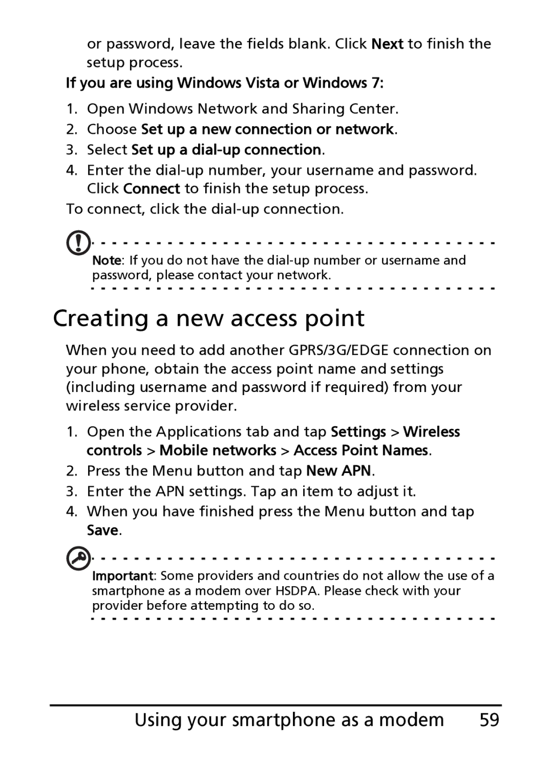 Acer S100 manual Creating a new access point, Using your smartphone as a modem 