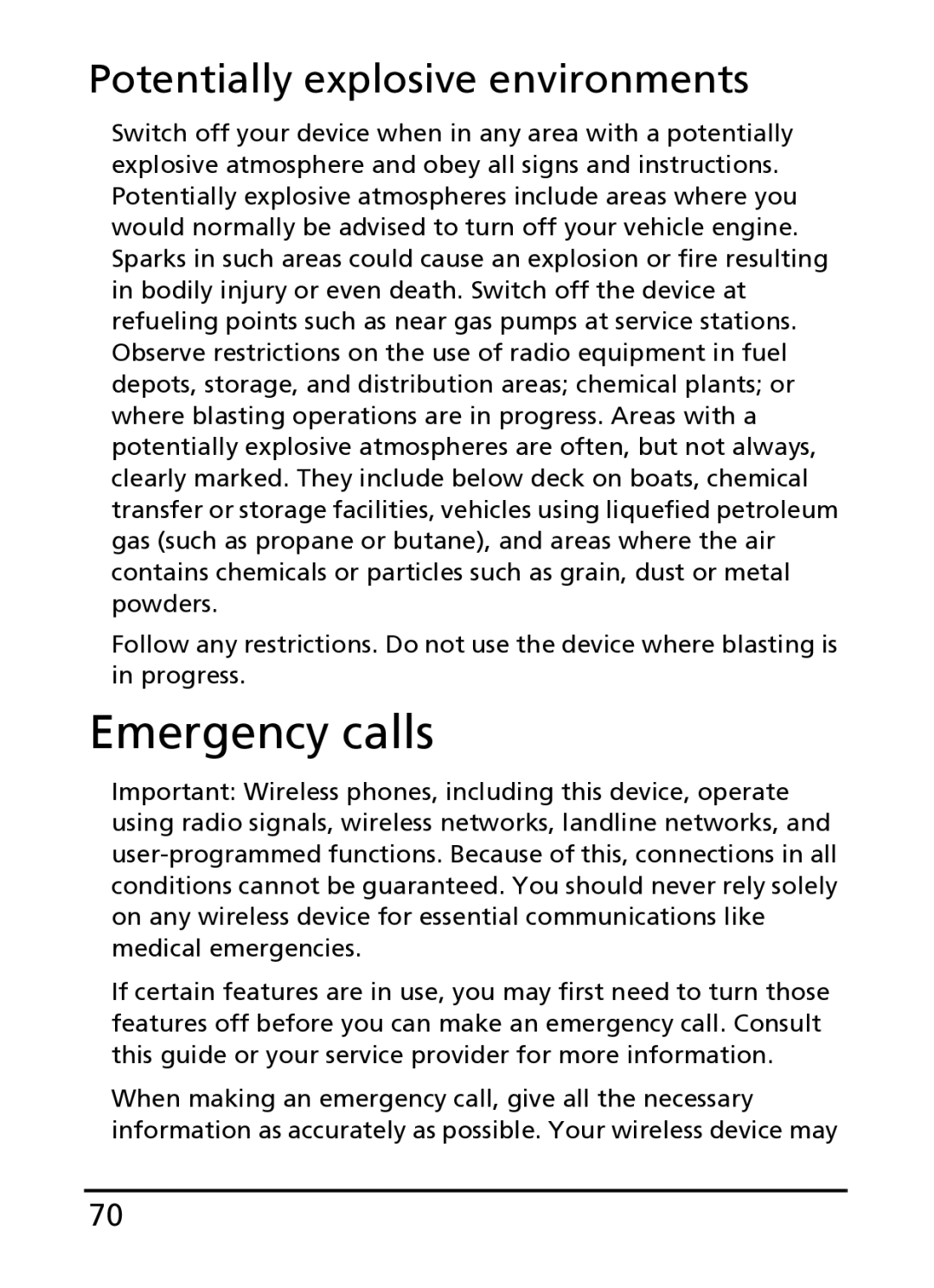 Acer S100 manual Emergency calls, Potentially explosive environments 